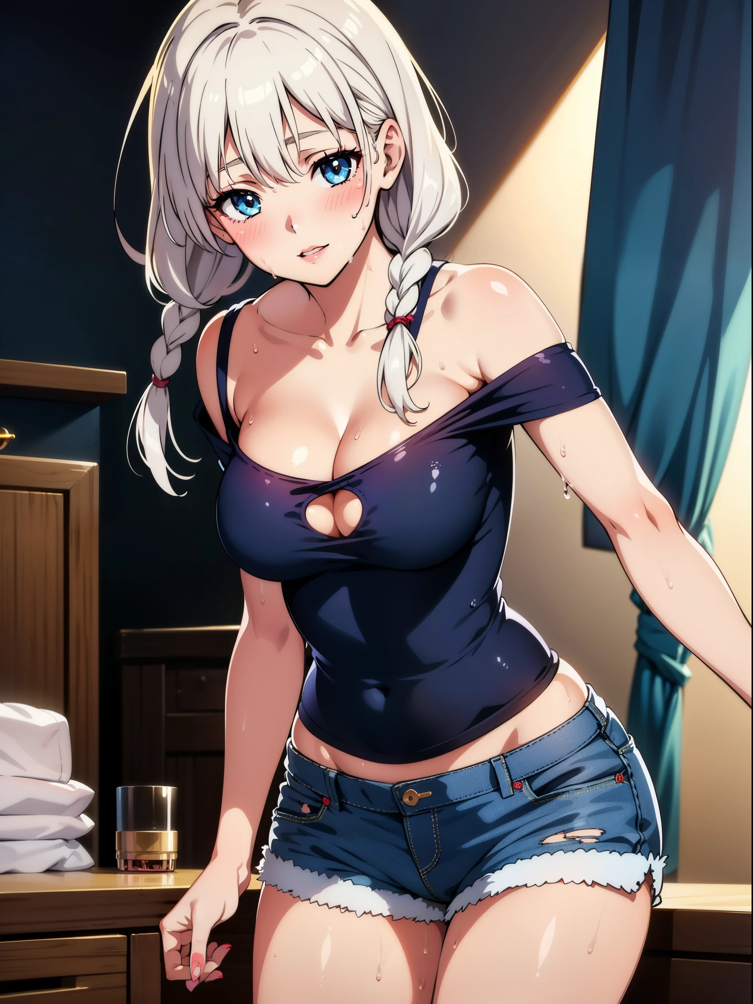 realistic, 1girl, Hair braids, parted lips, blush, makeup, slim, perfect body, light smile, white hair, denim shorts, t-shirt , bedroom background , wet clothes, glow, thighs, blue eye, bare shoulders, collarbone, narrow waist, sunbeam, sunlight, rose, wind, cleavage, (masterpiece), sweat,