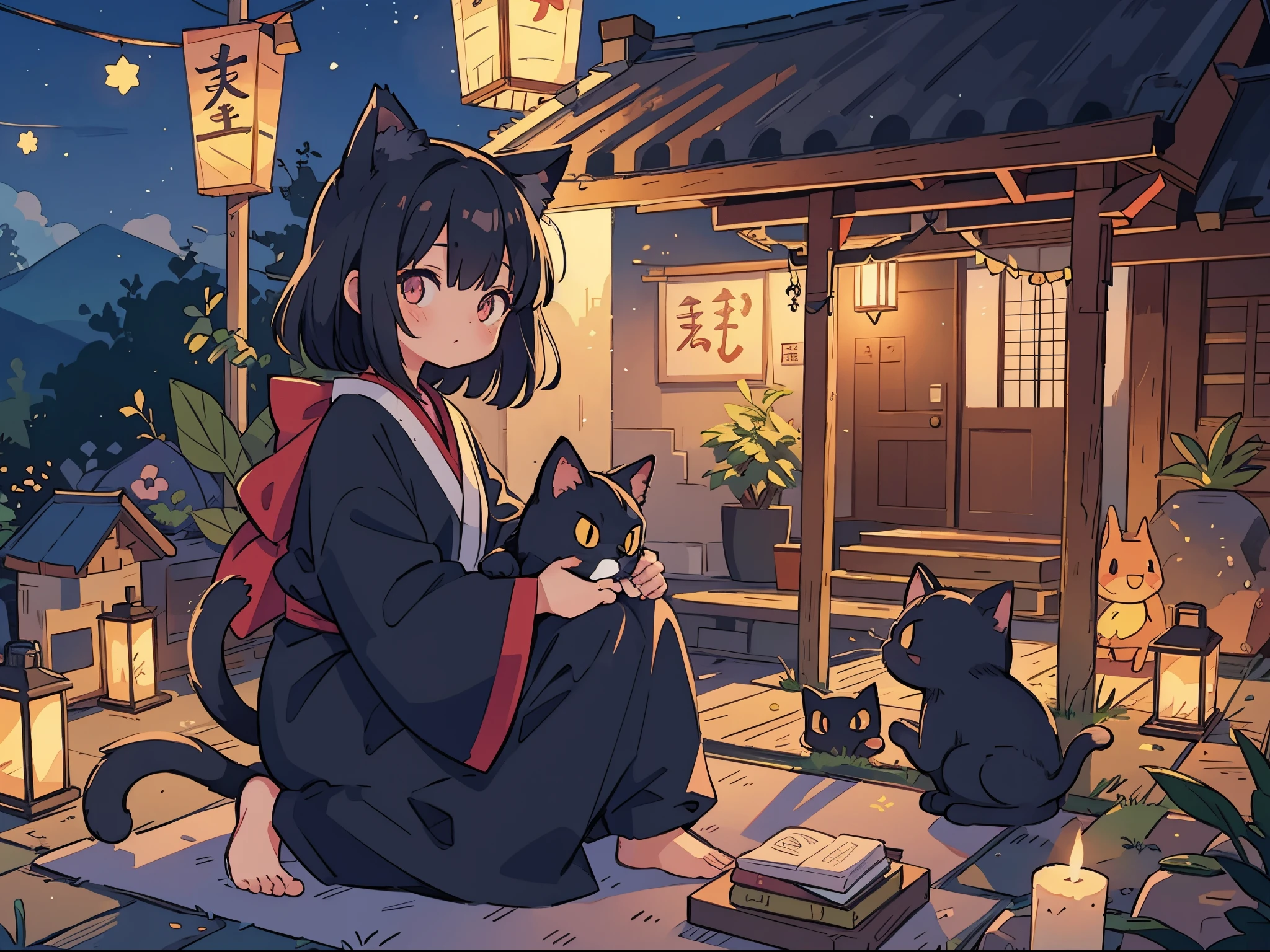 Black-haired girl with cat ears, Cat-like eyes, A cat's tail, A night shrine, Yokai (supernatural creature)