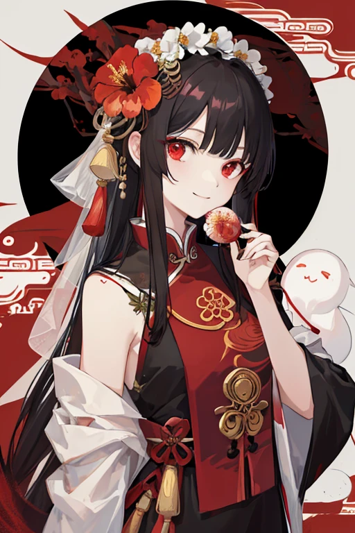 (8K、Highest image quality、highest quality、masterpiece)、detailed face、((one ))、black hair、double bun、blunt bangs、red eyes、evil smile、((grin))、((small breasts))、((red chinese clothes))、bent over、put your hands on your hips、cowboy shot、city background