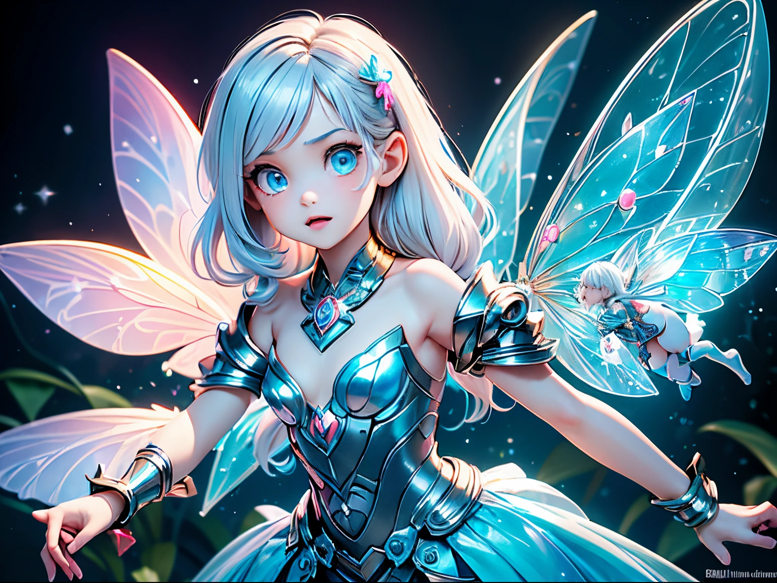 (masterpiece), realistic, cinematic light, (((utopia world, a **** girl is playing with fairies in the fairyland))), full body, beautiful eyes, silver hair, perfect anatomy, very cute, (blue eyes) , bioluminescence, 8 life size,8k resolution, human hands, elegant, approaching perfection, dynamic, highly detailed, character sheet, concept art, smooth, facing directly at the viewer positioned so that their body is symmetrical and balanced, stunningly beautiful teenage girl, her eyes tear up as she hold back the pain, open mouth and stick out tongue, from below and side, fractal art,