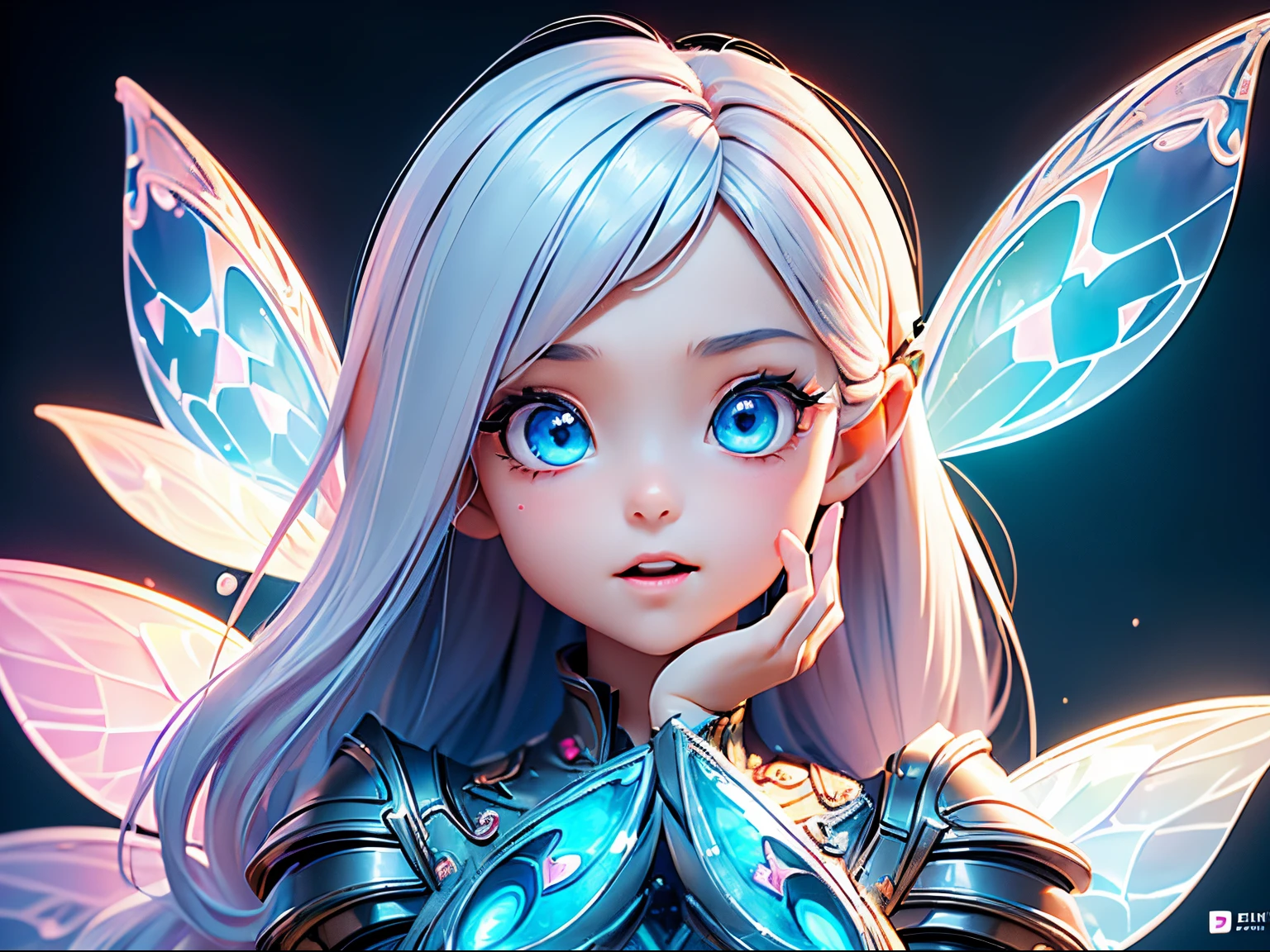 (masterpiece), realistic, cinematic light, (((utopia world, a  girl is playing with fairies in the fairyland))), full body, beautiful eyes, silver hair, perfect anatomy, very cute, (blue eyes) , bioluminescence, 8 life size,8k resolution, human hands, elegant, approaching perfection, dynamic, highly detailed, character sheet, concept art, smooth, facing directly at the viewer positioned so that their body is symmetrical and balanced, stunningly beautiful teenage girl, her eyes tear up as she hold back the pain, open mouth and stick out tongue, from below and side, fractal art,