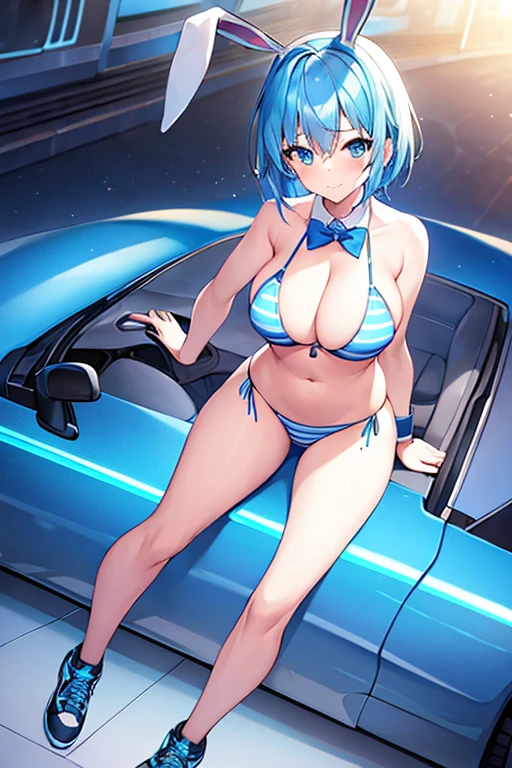 1girl, blue hair, large breasts, bunny ears, rabbit ears, wide hips, blue eyes, short hair, very short hair, science-fiction, tech, futuristic, machinery, full body, neon trim, bikini, striped bikini, horizontal stripes, black bikini, light smile, shoes, car, sports car, sneakers, blue trim