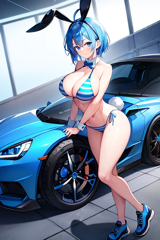 1girl, blue hair, large breasts, bunny ears, rabbit ears, wide hips, blue eyes, short hair, very short hair, science-fiction, tech, futuristic, machinery, full body, neon trim, bikini, striped bikini, horizontal stripes, black bikini, light smile, shoes, car, sports car, sneakers, blue trim