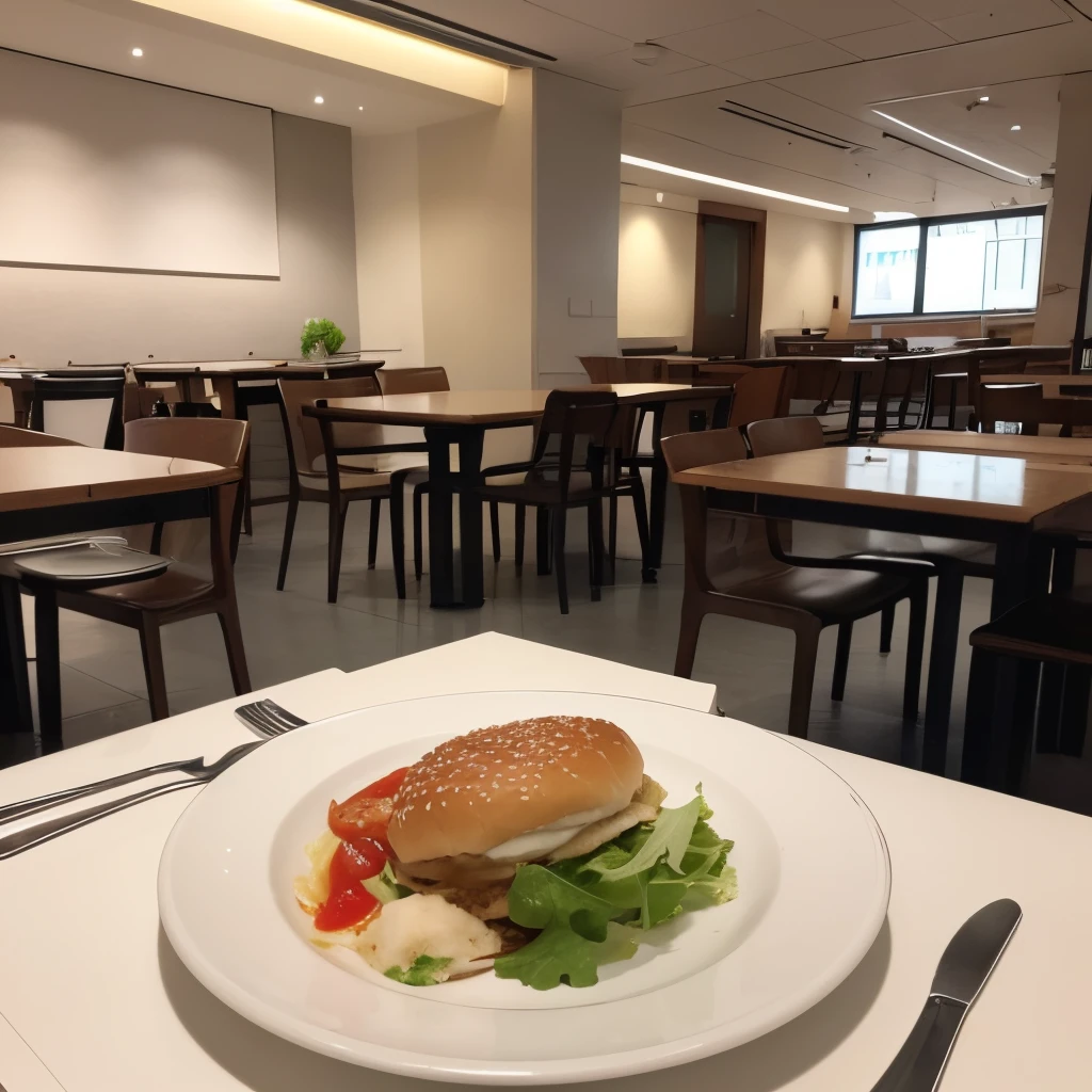 top-quality, masterpiece, 超A high resolution, 8K, Unripe, (photographrealistic:1.4), profetional lighting、inside in room、Bright interior、Bright lighting、zoom photo of food、photos realistic、zoom photo of food、Photo from directly above、College Girl Lunch、Cafe Lunch、Hamburger set meal、meal、Miso soup