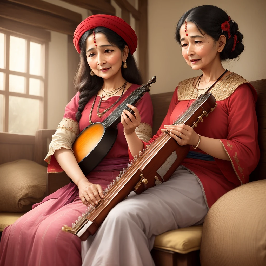 Woman is playing sitaar musical instrument in old era