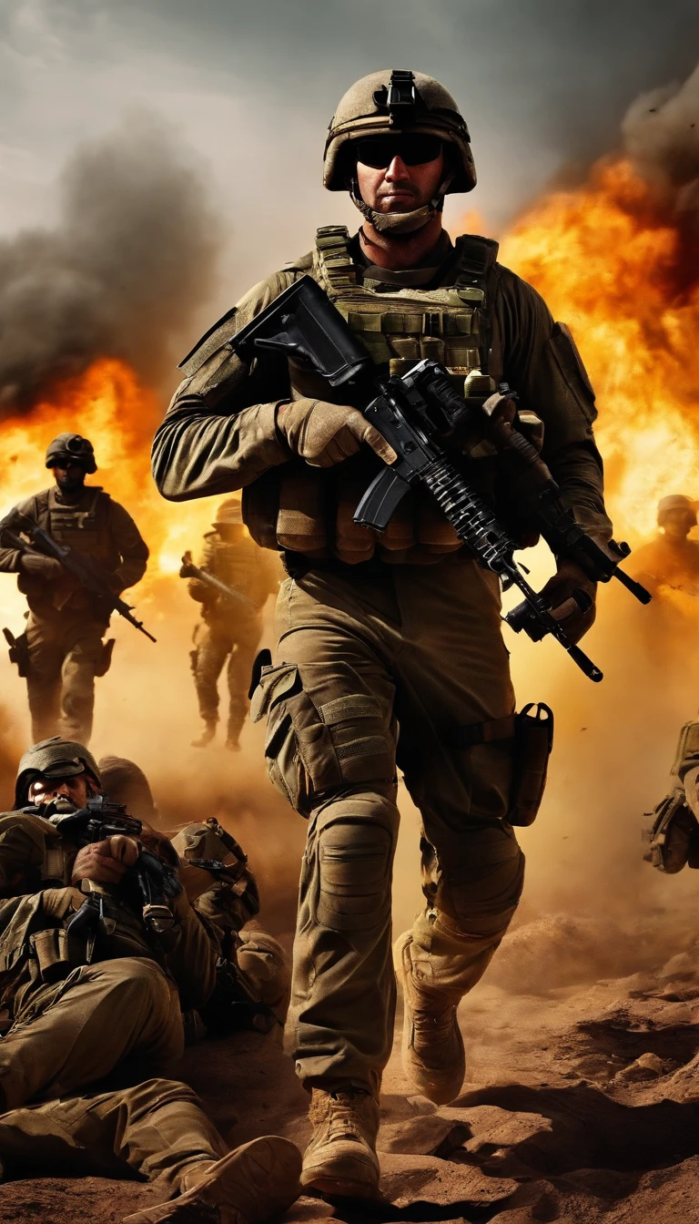 Description of modern warfare,Soldiers with various guns,rush to the battlefield
