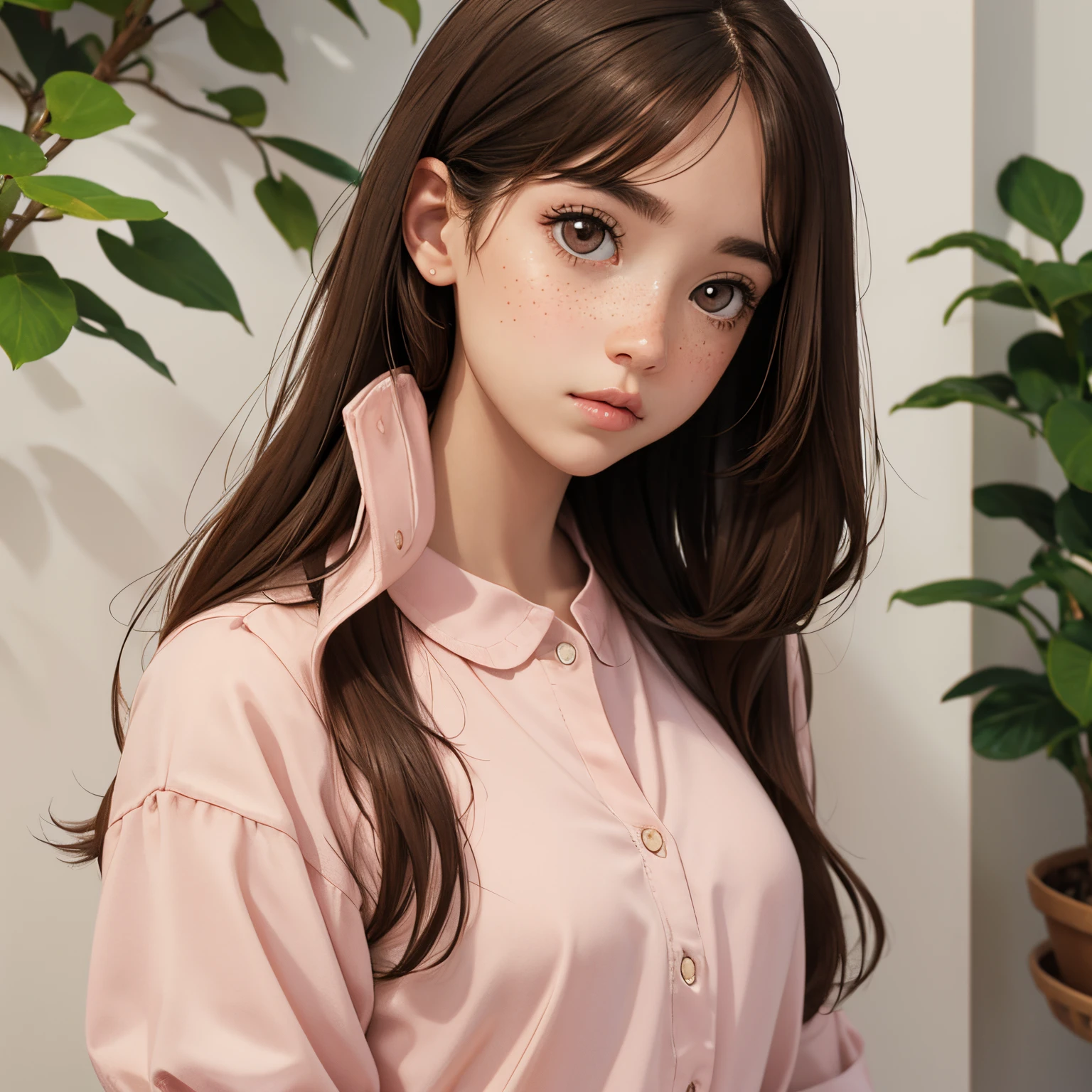 Girl, Brunnette, brown eyes, lightly freckled, pale, dull pink clothes