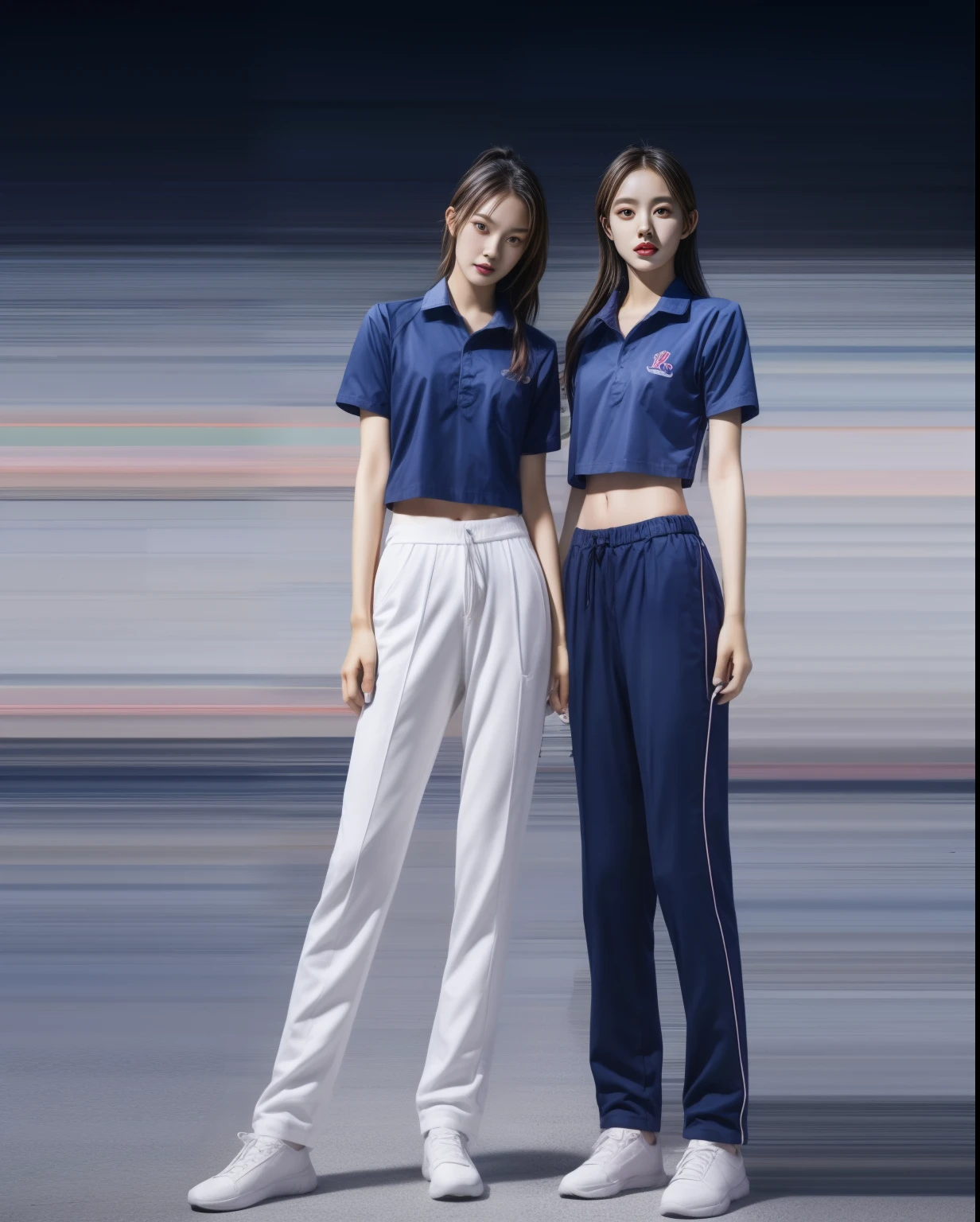 (bestquality,10,10,highres,masterpiece:1.2),ultra-detail,(Realistic,photorealistic portrait,photo-realistic:1.37),1 Cute girl in the football field,oily shiny skin,bara,light smile,BDclothes,((blue shirt:1.3)),short sleeves,shirt, trousers.,(navy_long_Pants Track:1.1), ((Stadium Background:1.3)),dynamic angle,excited,face focus,Dynamic Poses,from behide,Ass Focus,masterpiece, bestquality, ultra realistic, hyper-detail, 8k resolution, RAW photo, crisp focus, ((Navy blue shirt:1.1)), short sleeves, Long Path, Perfect body, 2 mature women, 18yo, cinematic light,Blue sweatpants,Gymware,Correct anatomy,Complete body, Correct body, sharp face, Anatomically correct body, full entire body, Realistic gestures, long-haired, Realistic poses,Wear long shorts............................,Long leg span,Shapely,Sculpting Girl, Slender Figure, mannequin mannequins, Shapely, Beautiful body,Blue sweatpants, Two girls kissing