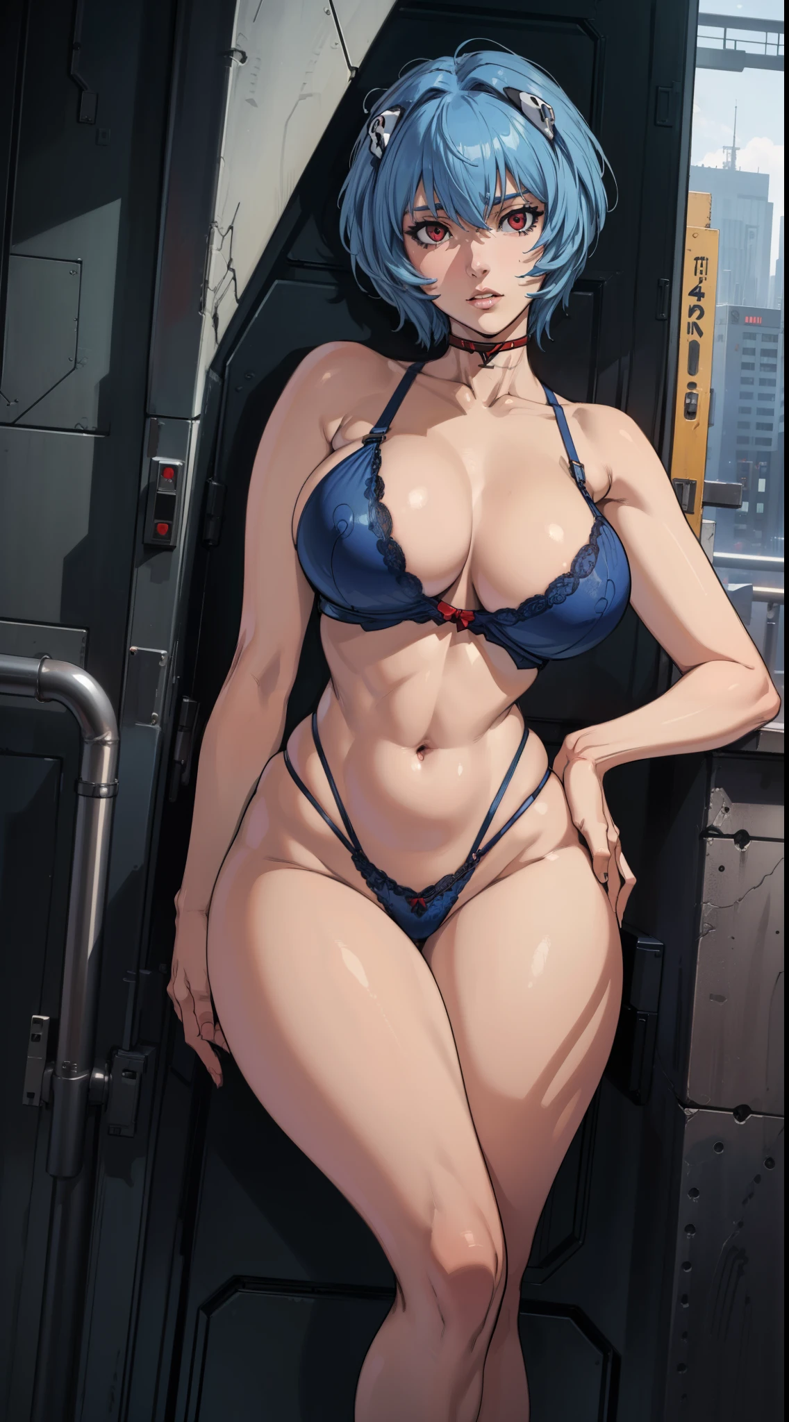 (Best quality:1.3), (qualidade 4K), Rei ayanami by evangelion, ((detailed face)), ((erotic face)),  ((body curvy)), (big boobs), (blue hair), (cut hair), (curvy body), sexy body, (lingerie), (city),