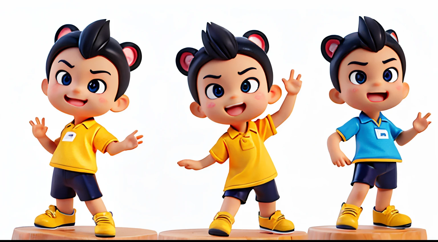 a panther avatar, baby, cute, happy, teenager, cartoon, animated wearing yellow polo shirt, black pants render 3d, cute boy, Different emotions, multiple poses and expressions, solid background, Emoji pack, 16 emoticons, Anthropomorphic style, Disney style, Black strokes, 8k,--niji 5, waving, presenting, announcing, promoting, selling, 4k, style, single model, with money in hand, on white background.