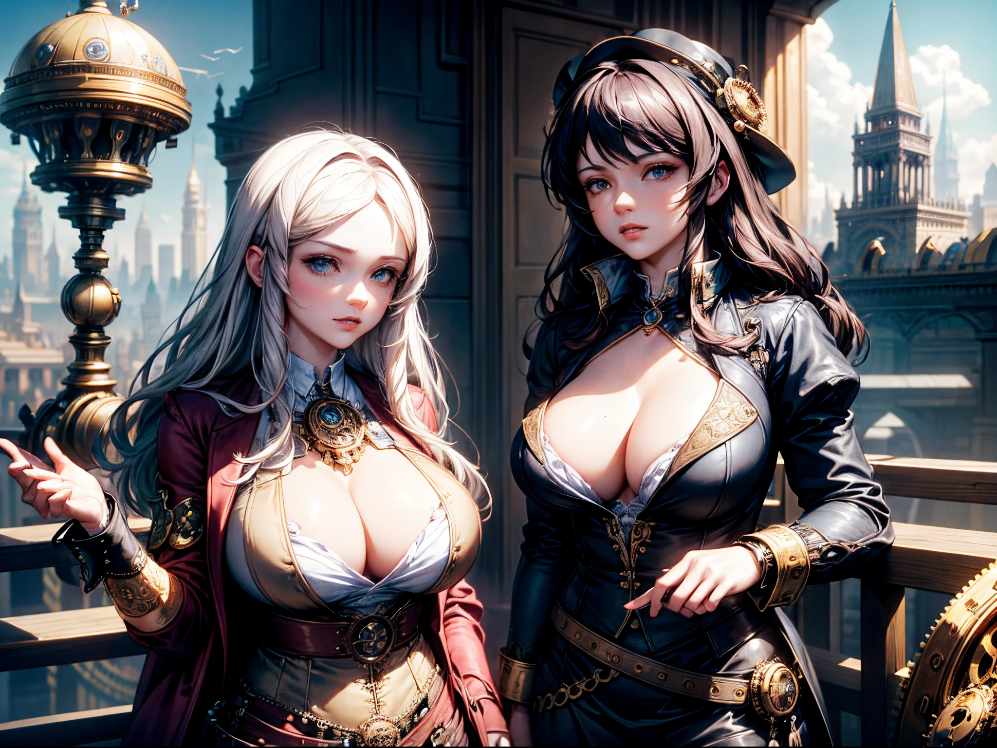 Transport yourself to an alternate reality where Leonardo AI is integrated into a steampunk-inspired city. Picture airships hovering above ornate clockwork towers, with gears and brass mechanisms intermingling with advanced technology. The fusion of steampunk and AI creates a visually stunning and intricate cityscape. enormous tits