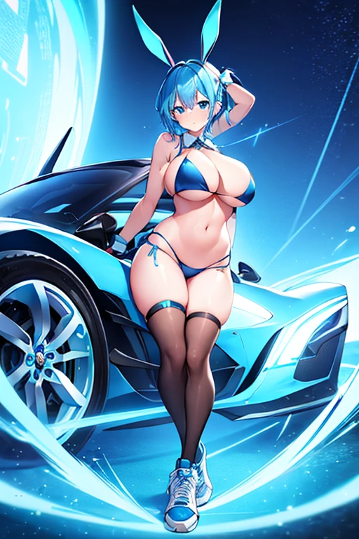 1girl, blue hair, large breasts, bunny ears, rabbit ears, wide hips, blue eyes, short hair, very short hair, science-fiction, tech, futuristic, machinery, full body, neon trim, bikini, black bikini, light smile, shoes, car, sports car, sneakers, blue trim