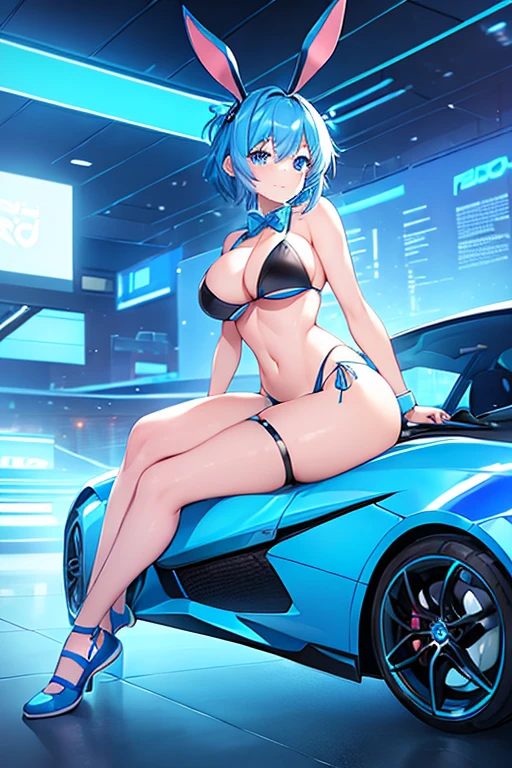 1girl, blue hair, large breasts, bunny ears, rabbit ears, wide hips, blue eyes, short hair, very short hair, science-fiction, tech, futuristic, machinery, full body, neon trim, bikini, black bikini, light smile, shoes, car, sports car, sneakers, blue trim