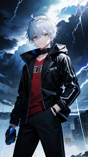 male,ice knuckles,background thunderstorm,black jacket,