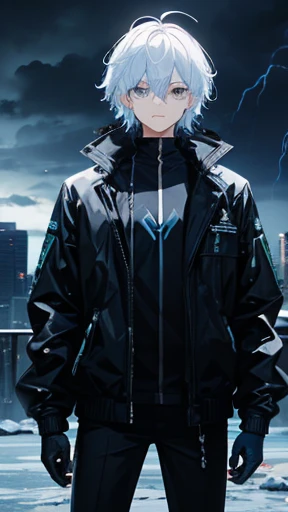 male,ice knuckles,background thunderstorm,black jacket,