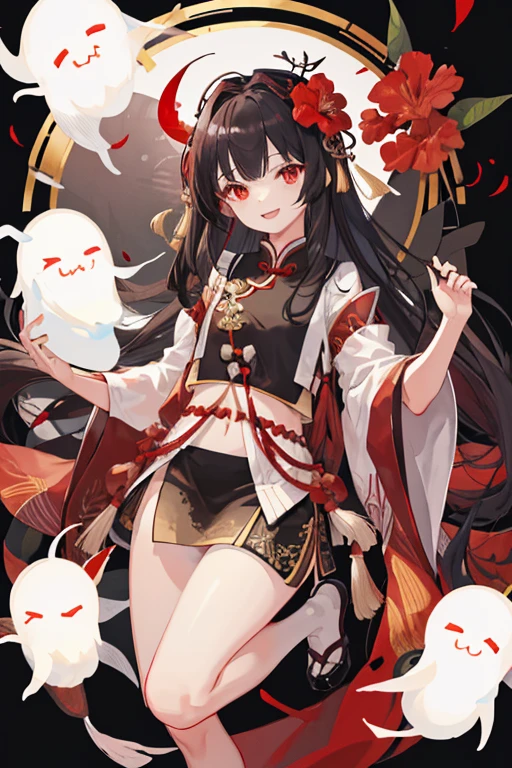 girl,Height about 158cm,Blood-red eyes,black long straight hair,Qi bangs,Wearing a Hibiscus flower as a headdress on the left side of the head,There is a red tassel hanging under the Bana flower,Wearing a skirt with flower elements,flatchest,One hand holds a sword ,smiling expression,adolable,Chinese ghost elements,There are several transparent white cute ghosts in the back,There are also Chinese charms affixed to some parts of the body.,Black shoes