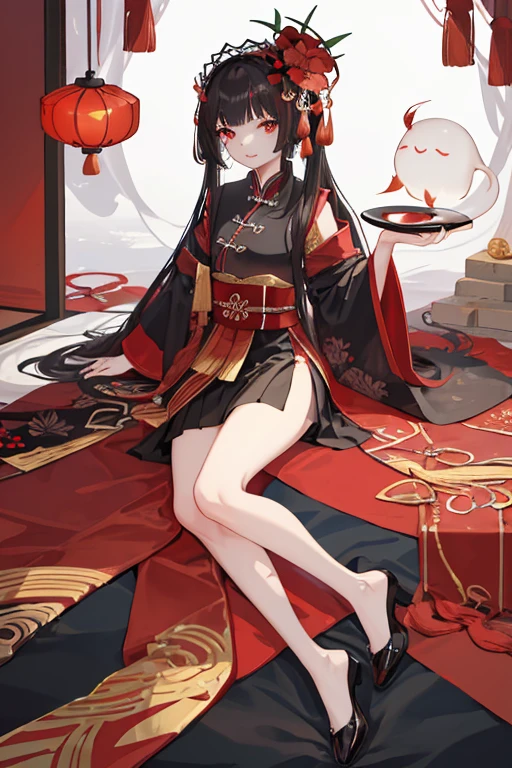 girl，Height about 158cm，Blood-red eyes，black long straight hair，Qi bangs，Wearing a Hibiscus flower as a headdress on the left side of the head，There is a red tassel hanging under the Bana flower，Wearing a skirt with flower elements，flatchest，One hand holds a sword ，smiling expression，adolable，Chinese ghost elements，There are several transparent white cute ghosts in the back，There are also Chinese charms affixed to some parts of the body.，Black shoes