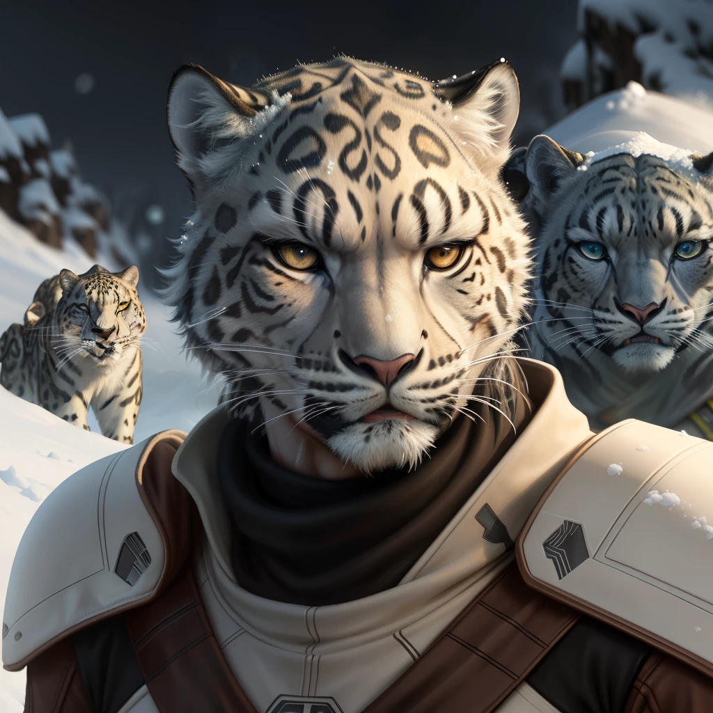 Star Wars farghul race with a snow leopard face, high resolution, hyper realistic