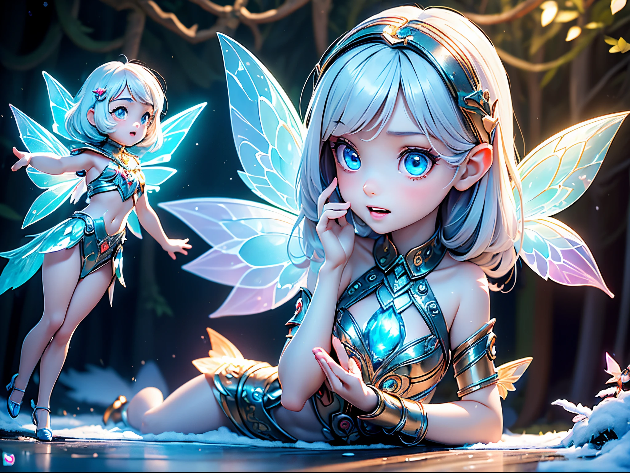 (masterpiece), realistic, cinematic light, (((utopia world, a **** girl is playing with fairies in the forest, fairyland))), full body, beautiful eyes, silver hair, perfect anatomy, very cute, (blue eyes) , bioluminescence, 8 life size,8k resolution, human hands, elegant, approaching perfection, dynamic, highly detailed, character sheet, concept art, smooth, facing directly at the viewer positioned so that their body is symmetrical and balanced, stunningly beautiful teenage girl, her eyes tear up as she hold back the pain, open mouth and stick out tongue, from below and side, fractal art, winter