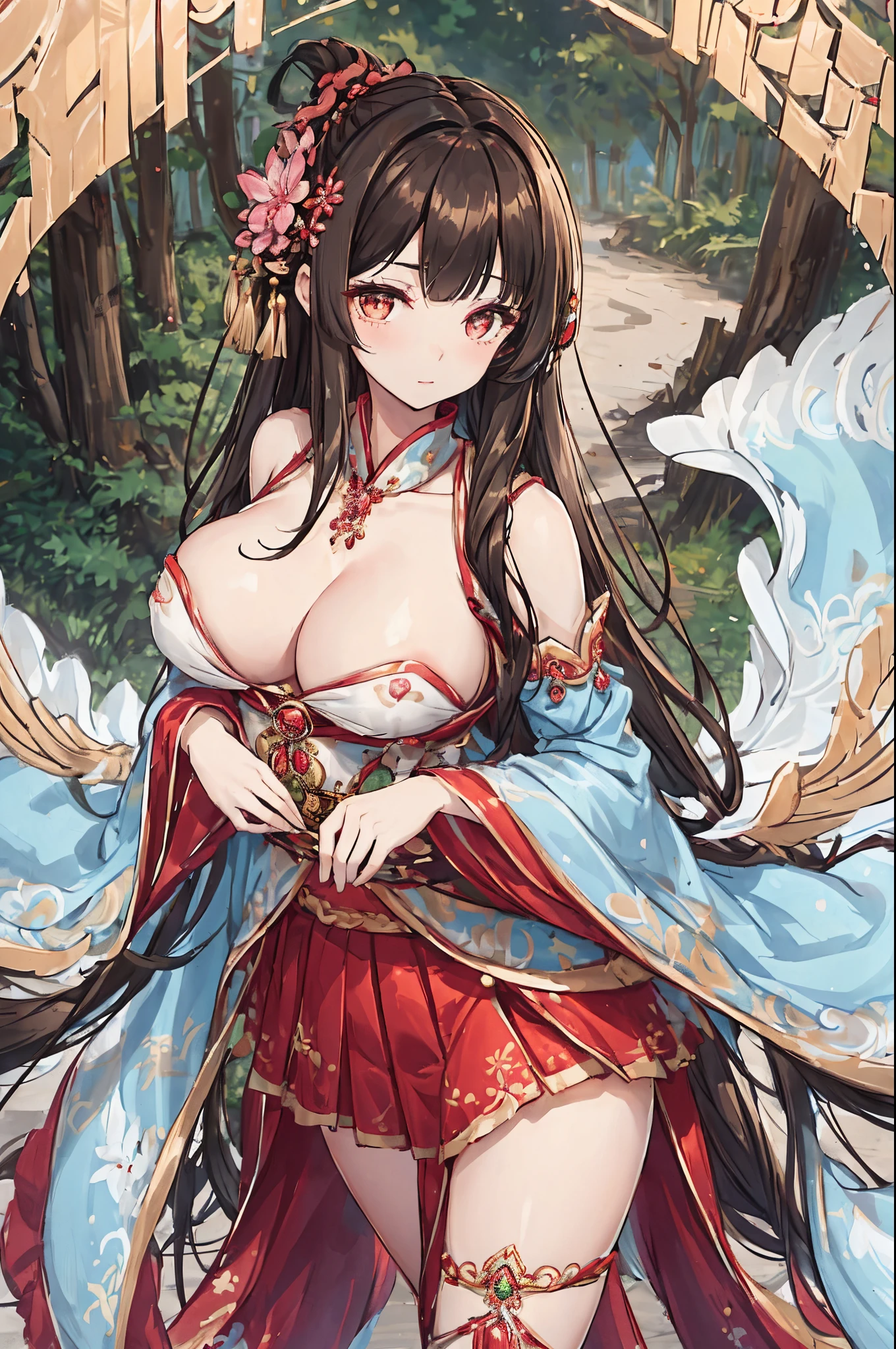 (tmasterpiece:1.2),Atdan, 1个Giant Breast Girl, Alone, Branch, florals, jewely, a skirt, 耳Nipple Ring, The tree, By bangs, long whitr hair, hair adornments, view the viewer, Chinese clothes, brunette color hair, hairflower, Brown hair, exposed bare shoulders, Very long hair, Wide sleeves, longer sleeves
