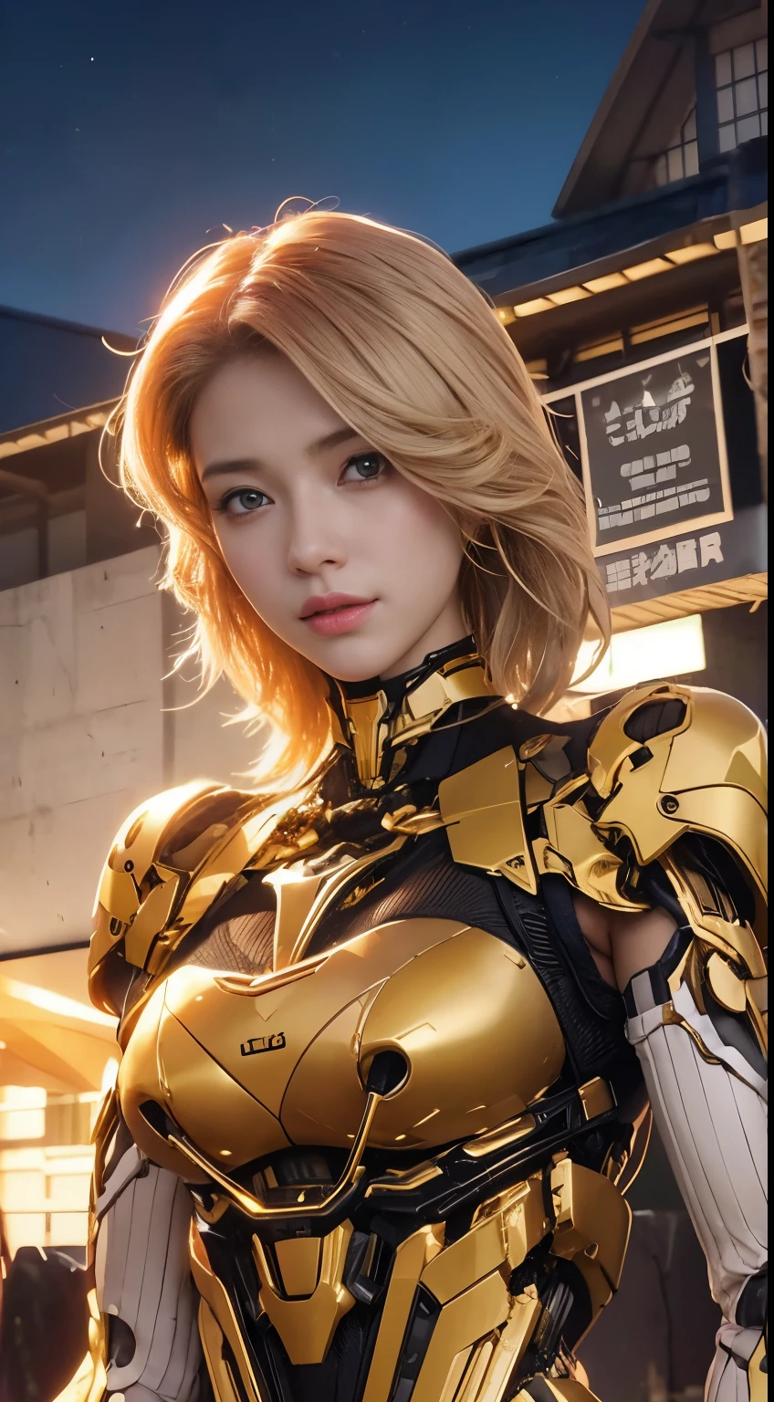 (1 Mechanical Girl)、top-quality、masterpiece、超A high resolution、(Photorealsitic:1.4)、Raw photo、1人、Golden hair、glowy skin、(((1 Mechanical Girl)))、(LED Lamp Mechanical Helmet)、(Small LED)、((super realistic details))、portlate、globalillumination、Shadow、octan render、8K、ultrasharp、Colossal tits、Raw skin is exposed in cleavage、metals、Details of complex ornaments、Japan details、highly intricate detail、Realistic light、CGSoation Trends、Red Eyes、radiant eyes、Facing the camera、neon details、(Mechanical limbs)、(blood vessels connected to tubes)、Mechanical vertebrae attached to the back、mechanical cervical attaching to neck、(Wires and cables connecting to the head)、Gundam、Small LED、,Mechanical thighs、Toostock、