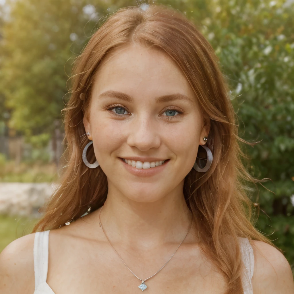 head and shoulder shot, a young Nordic woman, redhead, ear studs, (nordic dress), discreet necklace, symmetrical face, symmetrical eyes, balanced eyes, (eyes:1.3), confident smile, (smile:1.35), thin nose, (nose:1.3), garden background, photo, canon, (ultra detailed:1.2), (natural skin texture:1.2), (photorealistic:1.2)