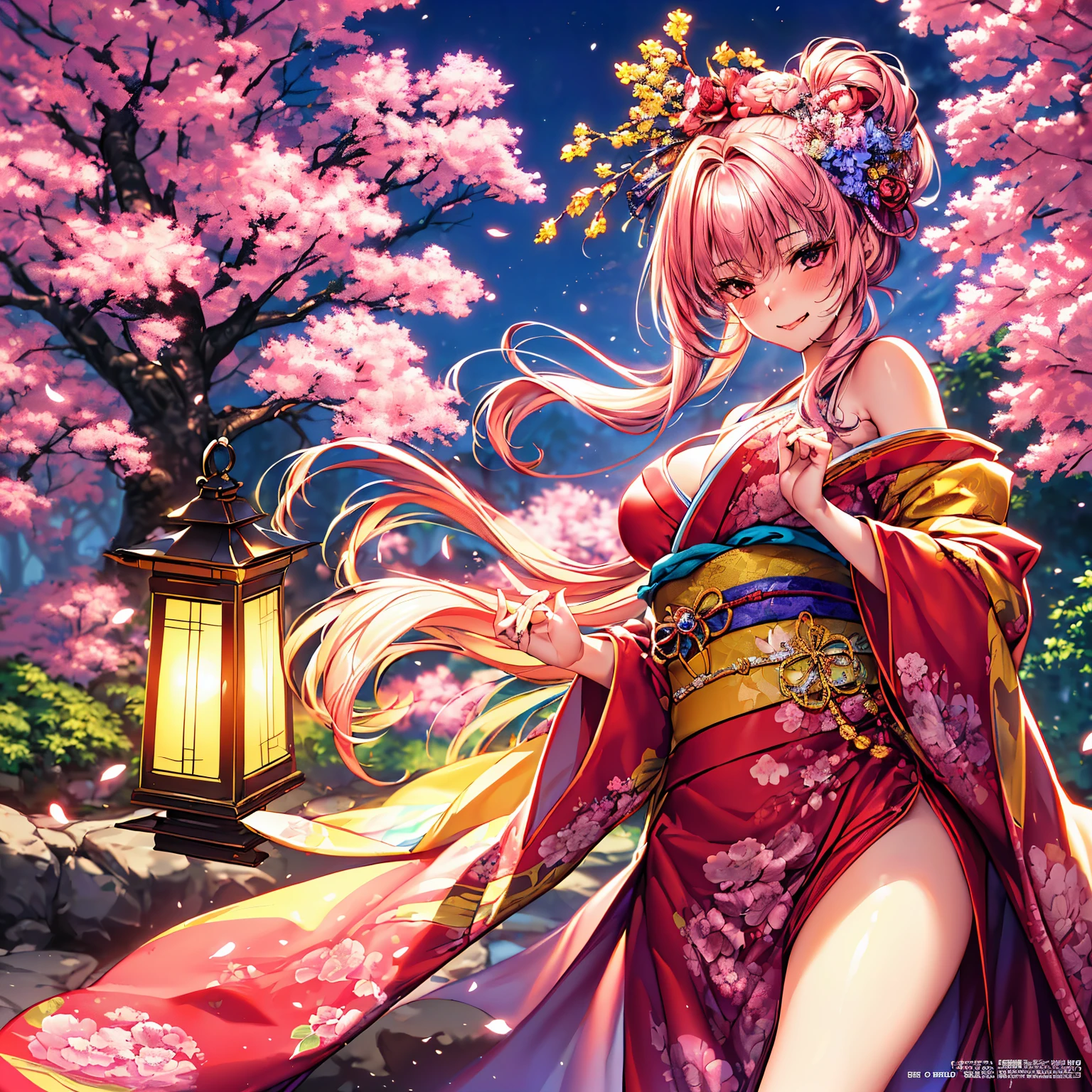 (top-quality、tmasterpiece、Very high resolution、super high image quality、High-quality pixels)、(She is a mysterious and charming woman, And she is already 18 years old,1人,Single,独奏:1.5)、(she is a very beautiful woman，There is a beautiful face)、(Beautiful face written in detail,beaturiful body,Strong-willed eyes,a pink eyes,beautiful colored hair,Beautiful skin texture)、(beautiful hairl,Variety of hairstyles)、(She is slender，The chest is an F cup)、(cute smiling,ssmile, with her mouth open,),(wearing Japanese kimono,Colorful Japanese kimono,Shoulders bare),(Rows of cherry blossom trees at night,Night cherry blossoms in bloom,lantern light),(model poses,model shoot,magazine photoshoot,Hair fluttering in the wind),The wind is blowing、Beautiful Art Style, an animated character、(The whole picture、Detailed picture、Precise dissection、Defects Free Images、Extremely detailed pictures、accurate image、perfect image 1.5)、(Best Photography 1.2)