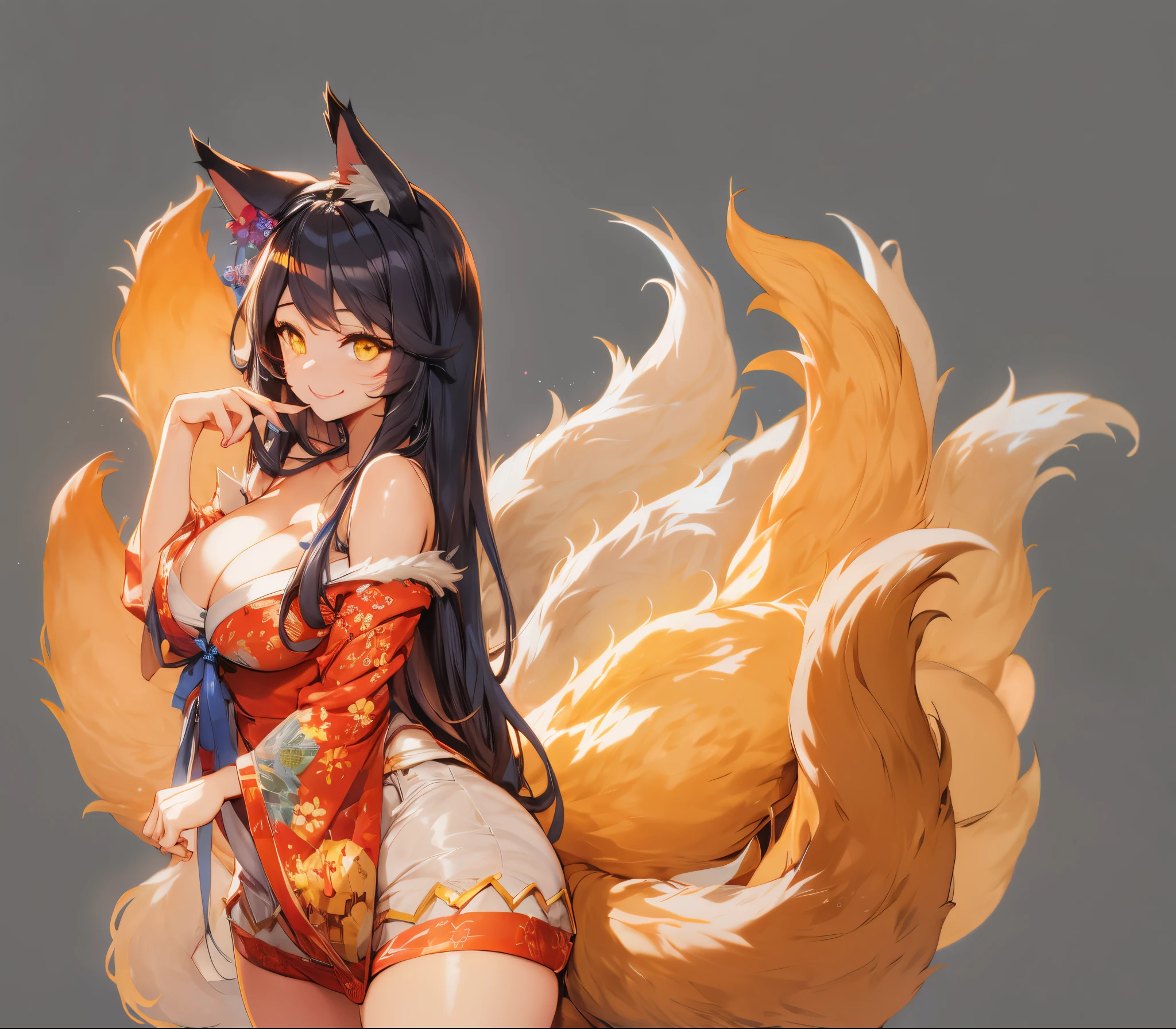 Plump and large breasts ((Cleavage is so tempting)), (furry tail), Masterpiece Top Quality 1 Girl with Yellow Eyes and White Long Hair and Big Breasts (ahri) Black hair permanent nine tail smile natural, hair adornments, Animal ear, blue, Best quality at best, 1 plump girl, inksahli, Multi-tailed, fox tails, split tail, nine furry tails, seduct smile, ((Blank background))