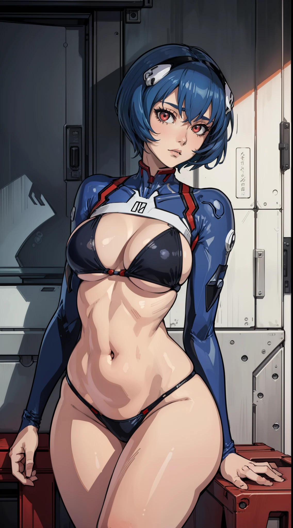 (Best quality:1.3), (qualidade 4K), Rei ayanami by evangelion, ((detailed face)), ((erotic face)), ((body curvy)), (big boobs), (blue hair), (cut hair), (curvy body), sexy body, (bikini), (ship),