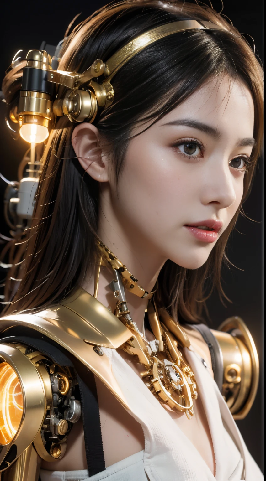 (1 Mechanical Girl)、top-quality、​masterpiece、超A high resolution、(Photorealsitic:1.4)、Raw photo、1人、Golden hair、glowy skin、(((1 Mechanical Girl)))、（LED Lamp Mechanical Helmet）、(Small LED)、((super realistic details))、portlate、globalillumination、Shadow、octan render、8K、ultrasharp、Colossal tits、Raw skin is exposed in cleavage、metals、Details of complex ornaments、Japan details、highly intricate detail、Realistic light、CGSoation Trends、Red Eyes、radiant eyes、Facing the camera、neon details、(Mechanical limbs)、(blood vessels connected to tubes)、Mechanical vertebrae attached to the back、mechanical cervical attaching to neck、(Wires and cables connecting to the head)、Gundam、Small LED、,Mechanical thighs、Toostock、