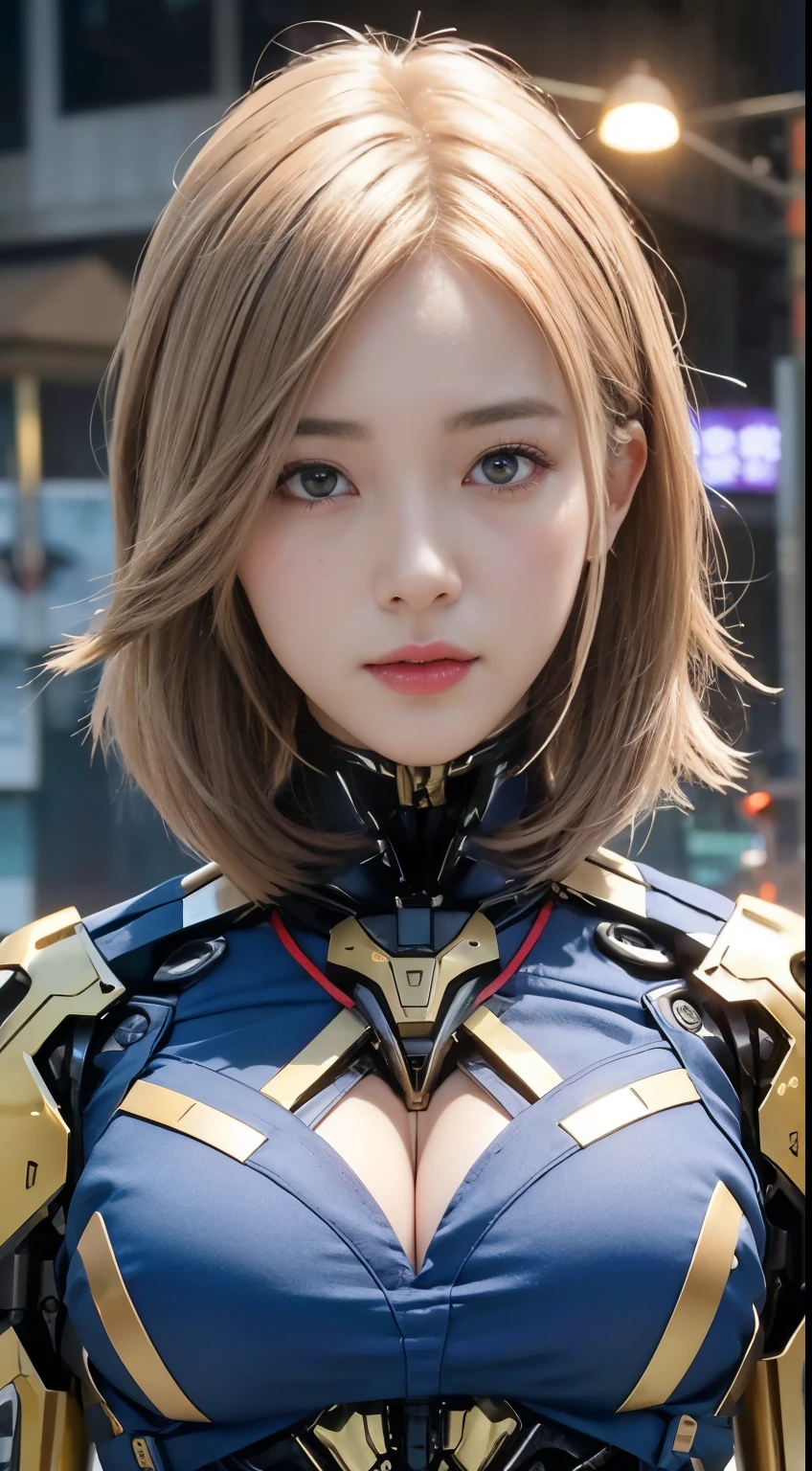 (1 Mechanical Girl)、top-quality、masterpiece、超A high resolution、(Photorealsitic:1.4)、Raw photo、女の子1人、Golden hair、glowy skin、(((1 Mechanical Girl)))、(LED Lamp Mechanical Helmet)、(Small LED)、((super realistic details))、portlate、globalillumination、Shadow、octan render、8K、ultrasharp、Colossal tits、Raw skin is exposed in cleavage、metals、Details of complex ornaments、Japan details、highly intricate detail、Realistic light、CGSoation Trends、Red Eyes、radiant eyes、Facing the camera、neon details、(Mechanical limbs)、(blood vessels connected to tubes)、Mechanical vertebrae attached to the back、mechanical cervical attaching to neck、(Wires and cables connecting to the head)、Gundam、Small LED、,Mechanical thighs、Toostock、