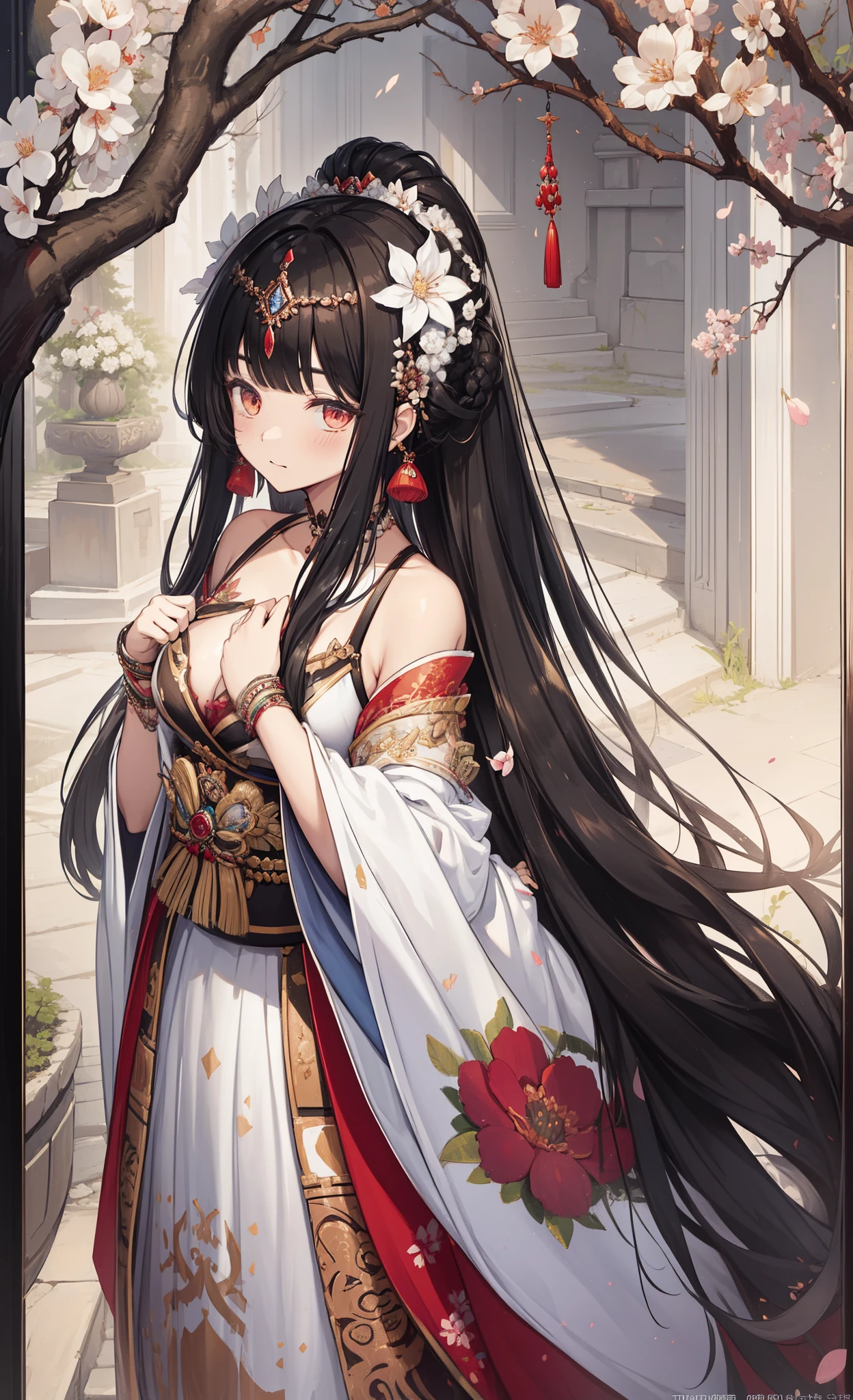 (tmasterpiece:1.2),Atdan, 1 plump girl, Alone, Branch, blooming flower, jewely, a skirt, ear nipple ring, that tree, through bangs, Long gray hair, hair adornments, view the viewer, Chinese clothes, black hair color hair, hairflower, Brown hair, exposed bare shoulders, Very long hair, Wide sleeves, longer sleeves