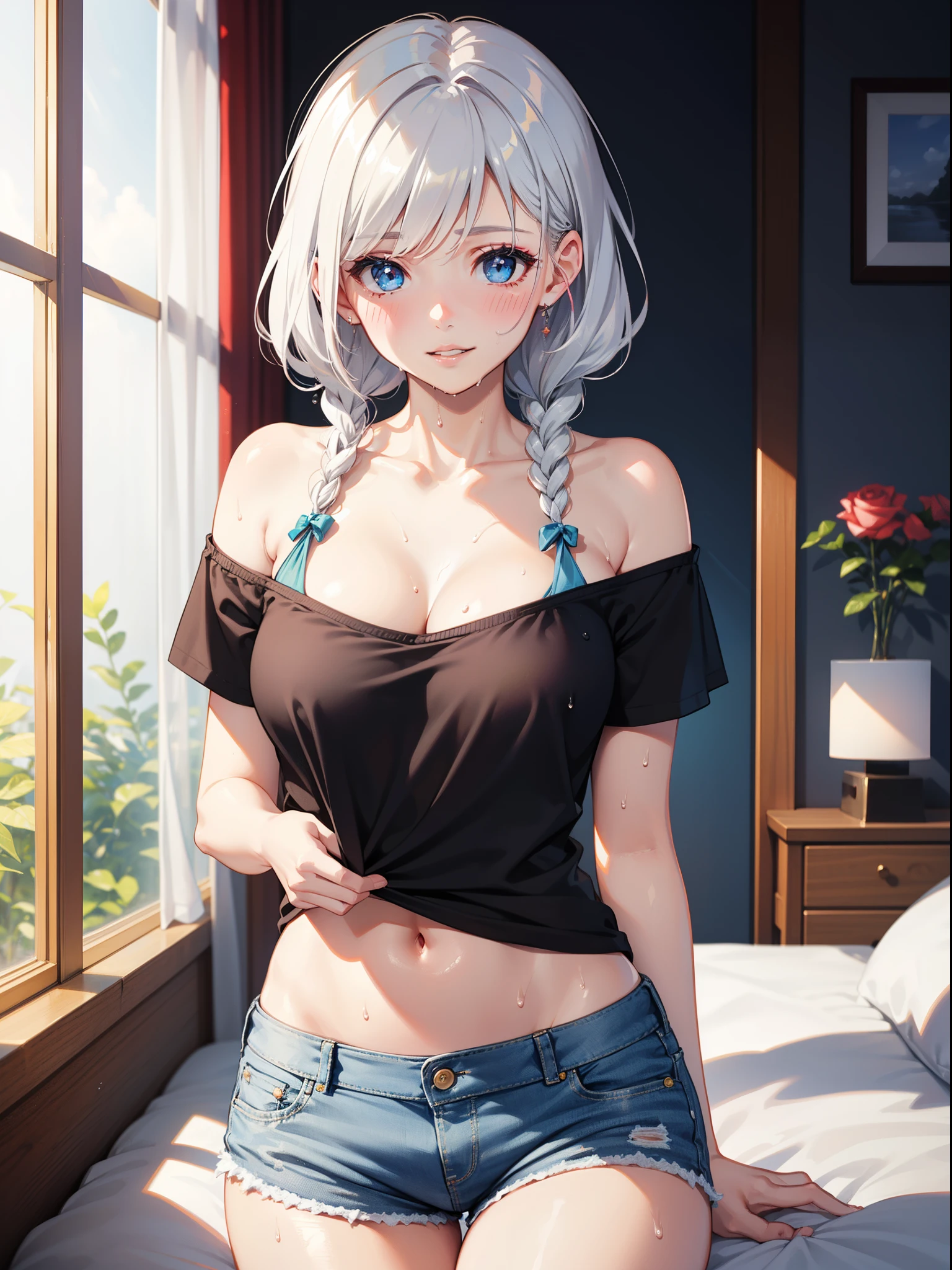 realistic, 1girl, Hair braids, parted lips, blush, makeup, slim, perfect body, light smile, white hair, denim shorts, t-shirt , bedroom background , wet clothes, glow, thighs, blue eye, bare shoulders, collarbone, narrow waist, sunbeam, sunlight, rose, wind, cleavage, (masterpiece), sweat,