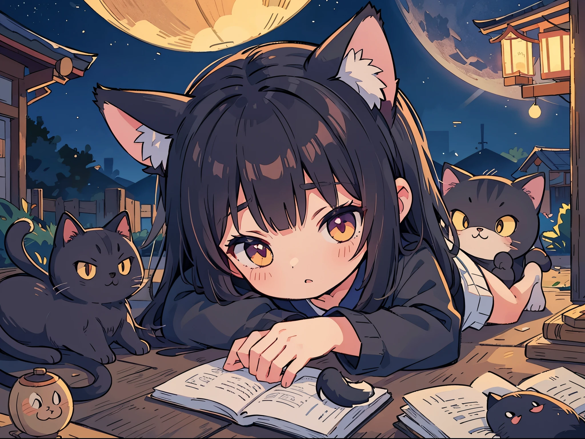 Black-haired girl with cat ears, Cat-like eyes, A cat's tail, A night shrine, Yokai (supernatural creature)