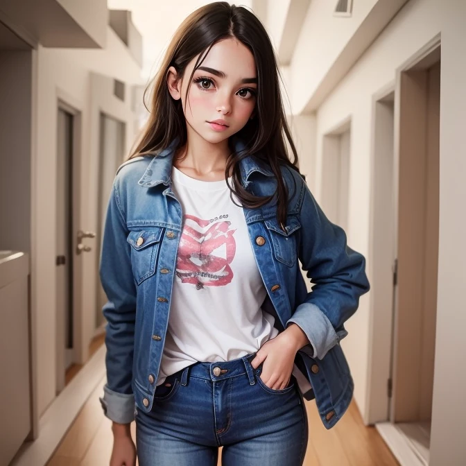 12 years girl. Vestida con campera de jeans.