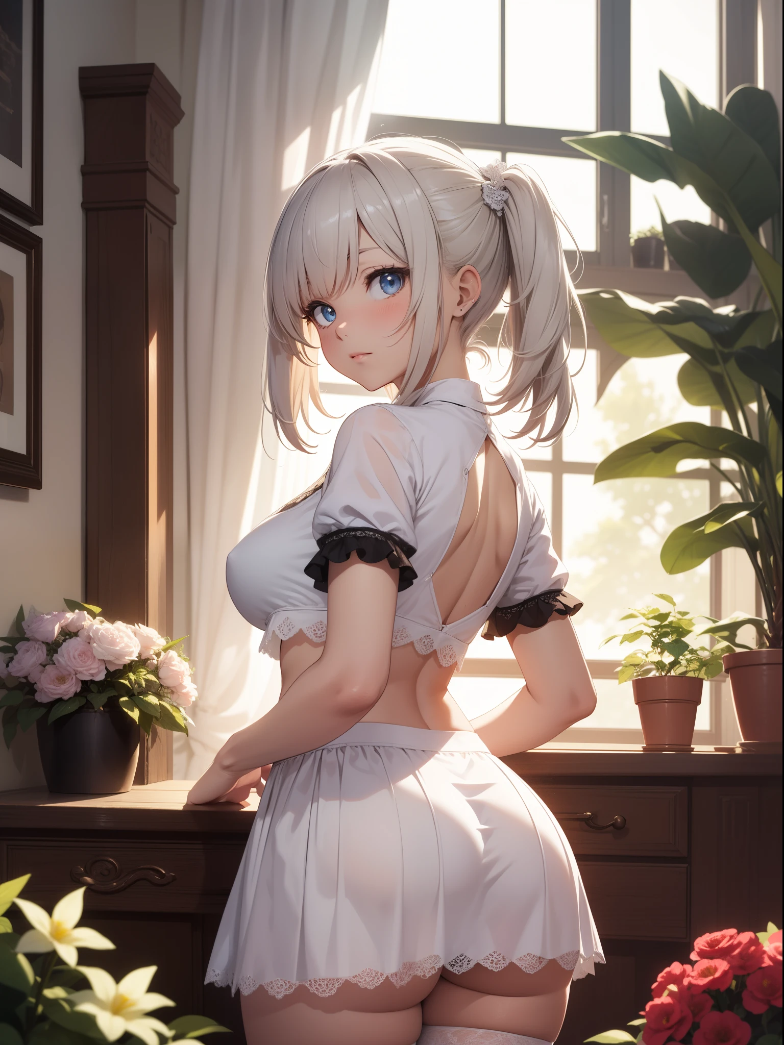 （tmasterpiece), (Best quality at best), (ultra - detailed),   A beautiful anime girl standing in a room with flowers and sunshine 1 girl, Alone, nedium breasts, Sam, looking at viewert, a skirt, stocklings, eBlue eyes, Lace white stockings, Large breasts, underdressing, upper legs , sliver long hair, Panties that are not very transparent, White sheer panties, Square cutout at the top of the back, from back, back to look back, Crop top, short- sleeved, The shirt, cow boy shot, white  shirt, White dress, mini-skirts, a plant, indoor, pigtails, charming anime girls, Curvy Lolita raises her arms. (realisticlying)), ((Fantastic background)), Surreal, ultra - detailed, hyper HD+16K resolution