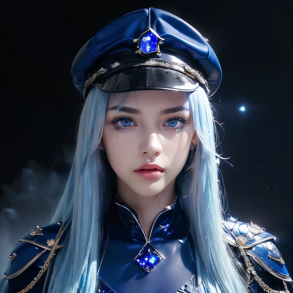 ((masterpiece)), 8k cg, best quality, intricate details, chromatic aberration, ((bust shot)), ((looking at the viewer)), 1girl, Russian, ((Character((Tomboy)), confident smile, closed mouth, thin lips)), ((Sparkly eyes, hyper detailed eyes, extremely beautiful, (((sapphire blue eyes))), beautiful eyelashes)), lens flare, ((chiseled facial features, tom boy, ((sharp eyes, strong face, fierce facial features)), strong jaw, square jaw, skinny face, thick eyebrows, (long straight hair, ((ice blue hair color)), choppy bangs, shiny hair,), full of life, ((black Peaked Cap, black general trench coat, body suit, black cape, skull armor)), ((very small Breasts, flat chest, wide shoulders, super muscular boyish figure, thin neck)), absurdres, cinematic lighting, dynamic lighting, fantasy, ((dark background, stars, fog))