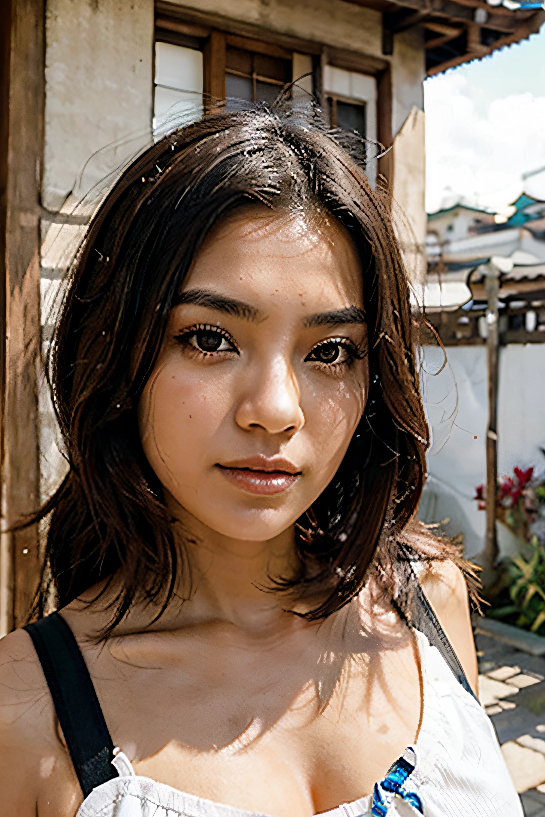 GIRL FROM A MIXED RACE BETWEEN JAPANESE AND BRAZILIANS, CON FOTO DE FRONTAL, Plano medio, PELO CORTO CON FONDO GRIS CLARO Y PLANO