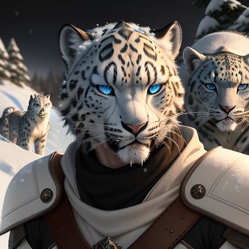 anthro snow leopard warlock with blue eyes, character art closeup, frostbite 3 rendered, winter concept art, realistic fantasy render, dramatic cinematic detailed fur, high res render, by Galen Dara, humanoid snow leopard, devianart and cgsociety, arctic, furry fantasy art