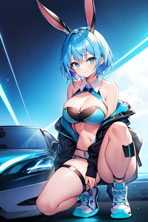 1girl, blue hair, large breasts, bunny ears, rabbit ears, wide hips, blue eyes, short hair, very short hair, science-fiction, tech, futuristic, machinery, full body, neon trim, bikini, black bikini, light smile, shoes, sneakers, blue trim, car, sports car, sport car