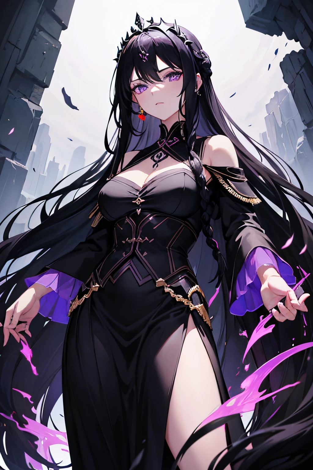 The goddess of darkness,gentle,beautiful face,long braided hair,black hair,purple tip of the hair,powers,masterpiece, fully clothed, long skirt, black clothes