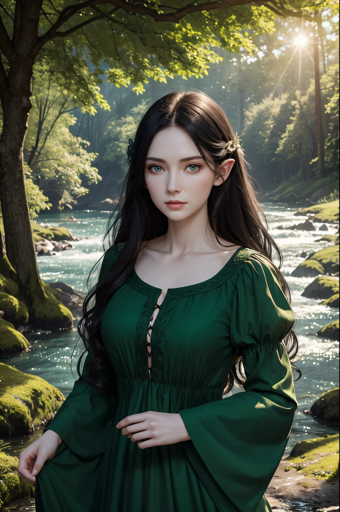 ELVE FEMALE, MATURE WOMAN, PALE SKIN, LOVELY FACE EXPRESSION, GREEN EYES, HUGE LONG HAIR, BLACK HAIR, ROSY CHEEKS, HIGH CHEEKBONES, LONG GREEN DRESS, LONG SLEEVES, FLARE SLEEVES, DAYLIGHT, SUN, BLUESKY, RIVER, FORREST, FRONT VIEW, MITHOLOGY, MAGIC POWERS, MASTERPIECE, CCURATE IMAGE