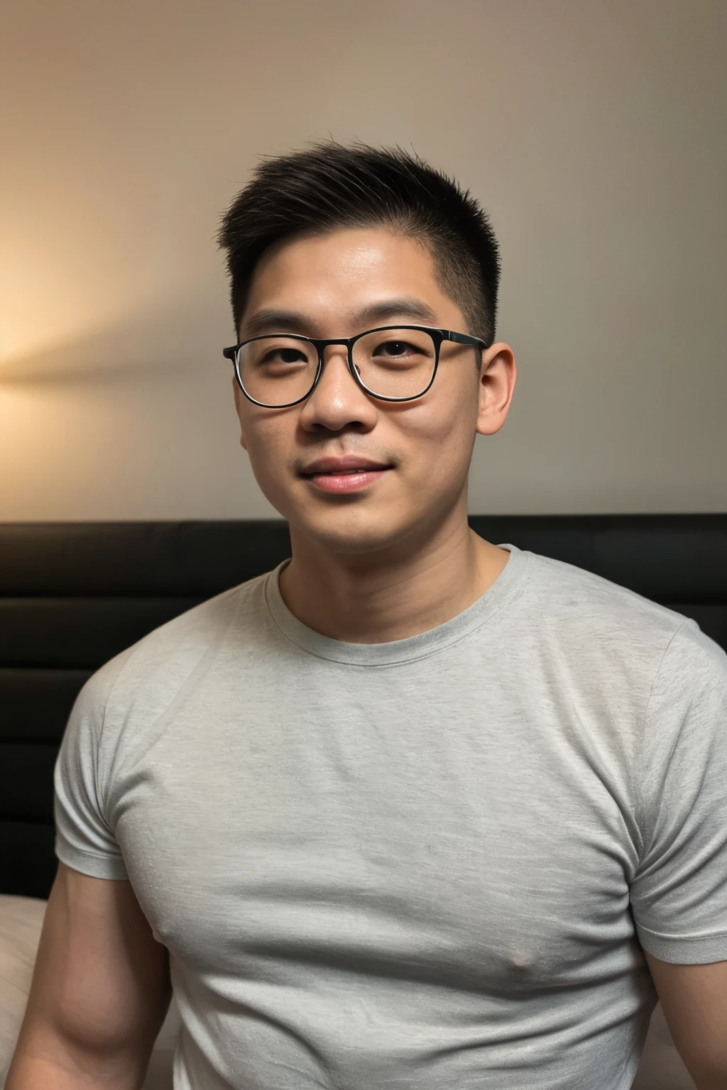 Andrew thomas huang, oval face, eyeglasses, neat muscular, shorts, bed