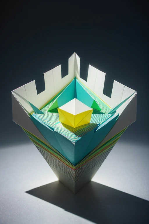 (best quality,3D,paper medium,pop-up installations:1.2),(dimensional,depth,architectural details:1.1),(abstract,geometric shapes,intricate patterns),(vibrant,diverse colors,colorful palette),(dynamic composition,varied textures,layered elements),(creative lighting,dramatic highlights and shadows),(immersive experience,sense of movement and depth)