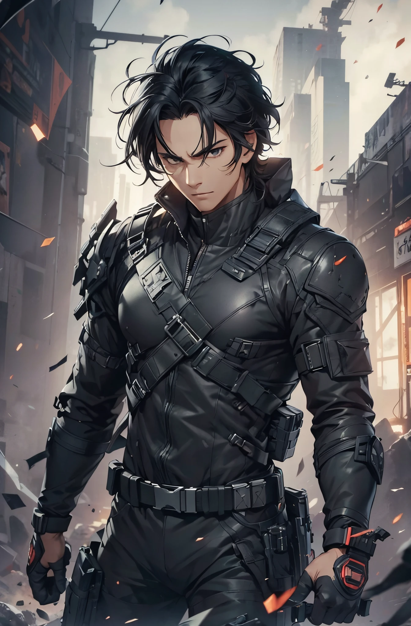 1man, handsome, wild black hair,  wearing combat suit, masterpiece, 4k, top quality, highly detailed, official art