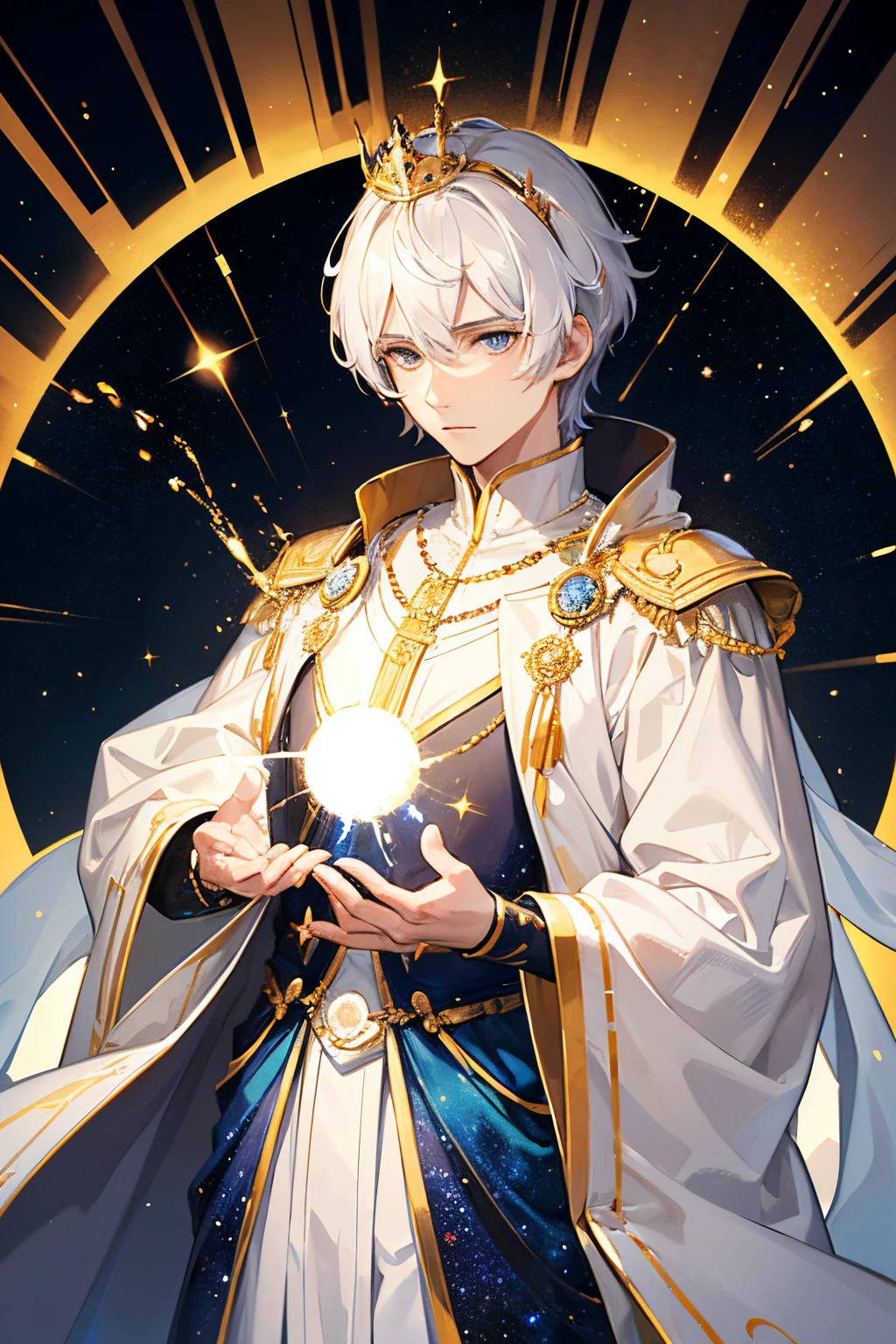 God of creation, powerful, young, handsome, fully clothed, royal style, white - golden - blue - galaxy clothes, 18 years old, wearing a golden crown, masculine, short-sleeved, short hair, holding a galaxy, universe background, galaxy, stars, white hair