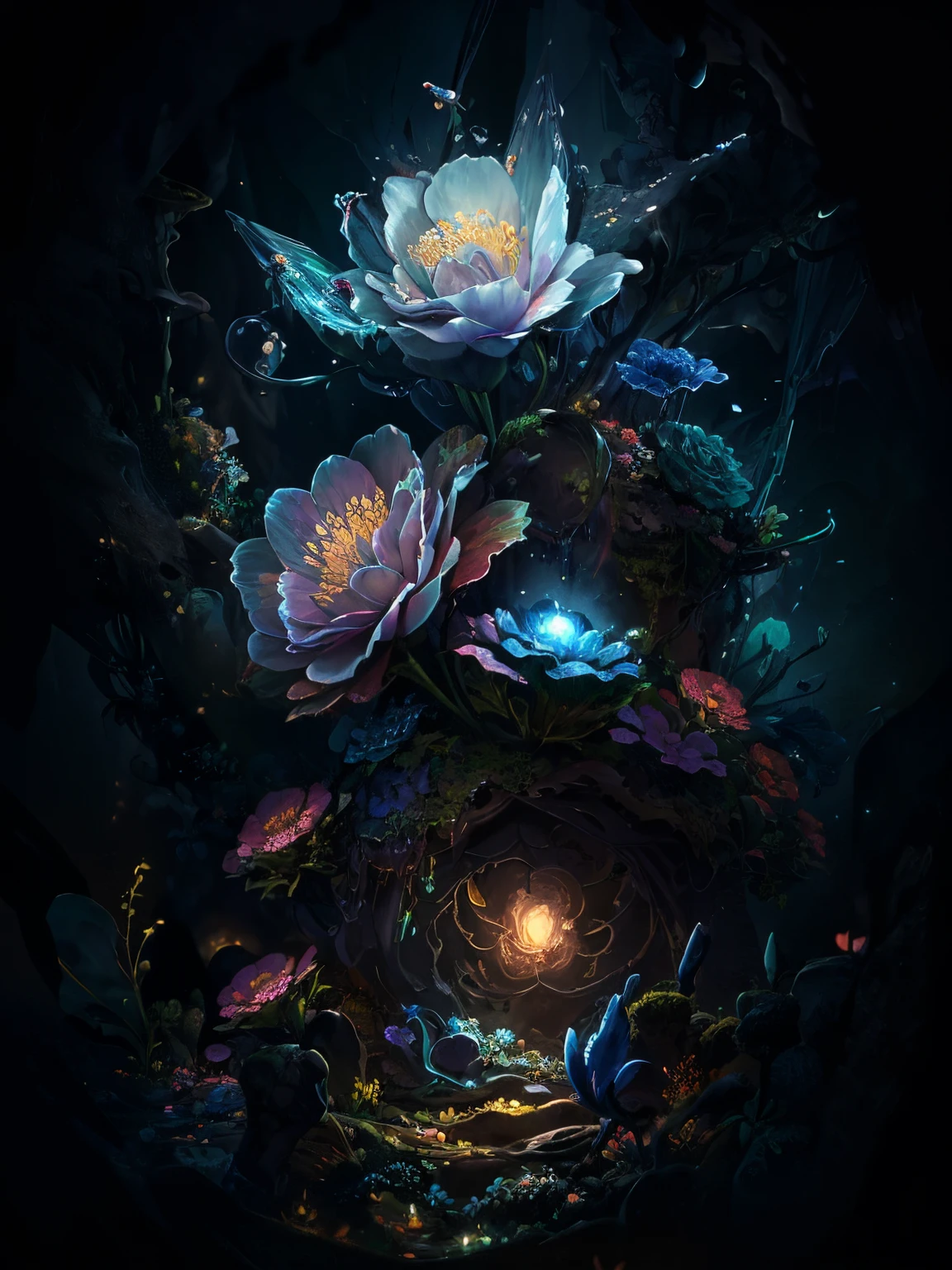 Draw a flower with many petals and butterflies in the dark, Beeple and James Jean, surreal waiizi flowers, Beautiful digital artwork, james jenn and wop, A beautiful artistic illustration, 4k highly detailed digital art, Dark flowers, intricate digital painting, author:Li Song, author:Hero, and Mumford Tom Bagshaw., digitial painting | iintricate,Flowers,exotic flowers,florals,Crystal flowers,3D,luminance,