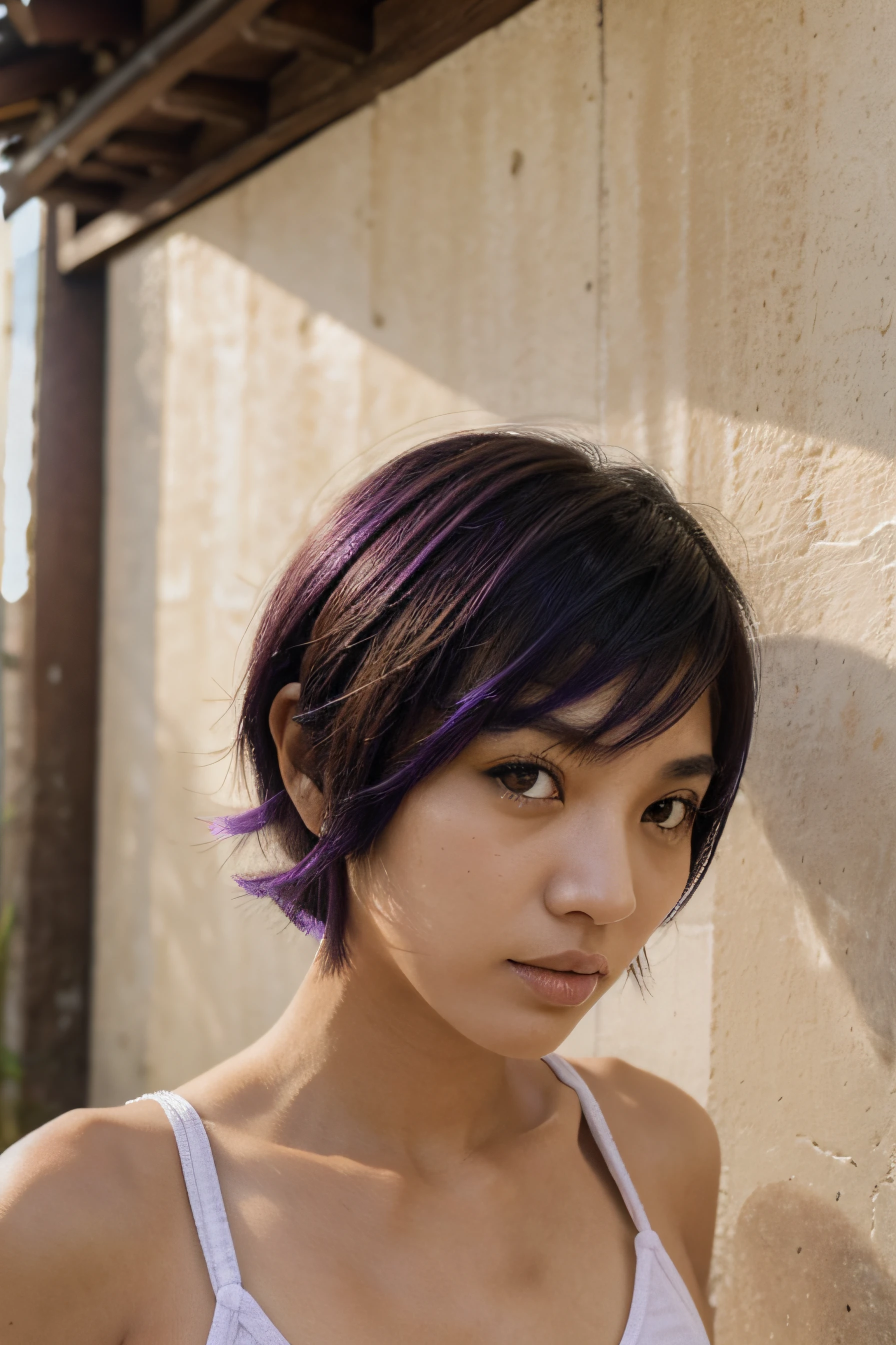 JAPANESE-BRAZILIAN MIXED GIRL, Piel detallada,  (Pelo corto morado) Mirando hacia adelante