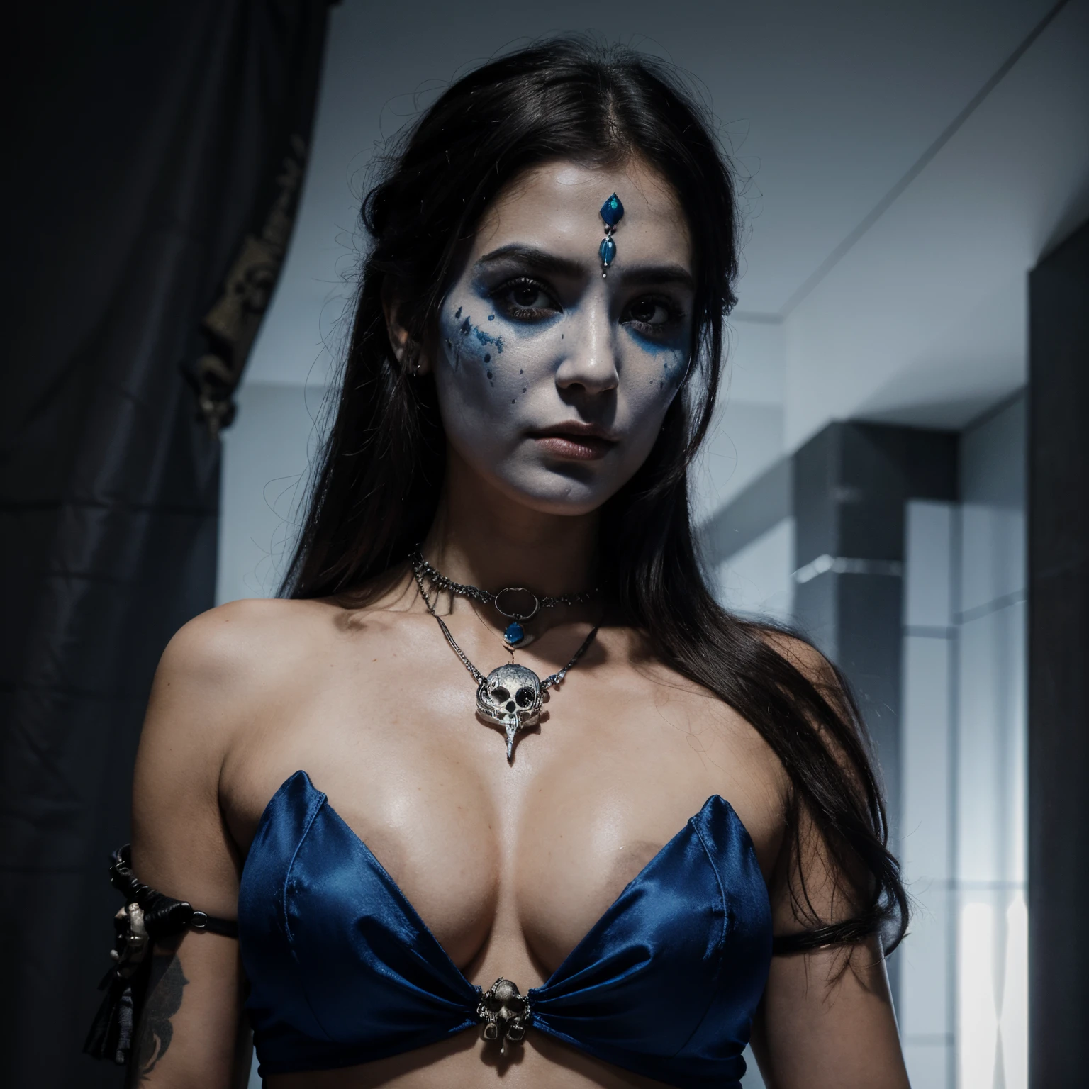 Goddess of Destruction, azul, with 4 arm, skull necklace around the neck, realista, rosto bonito