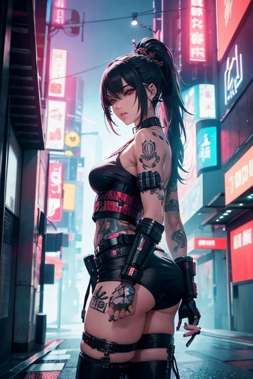 female cyberpunk samurai cyborg, robotic arm, prosthetics, complex machinery, detailed mechanisms, (masterpiece) neon, hyper detailed, 8k, tattoos, marketplace background